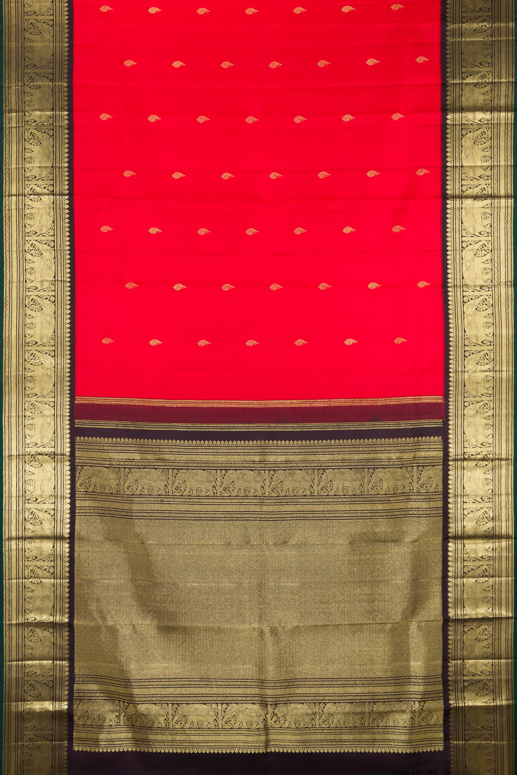Flat view of Pure Silk Red Kanjivaram Saree with Zari Butta on the body and Zari Border. 