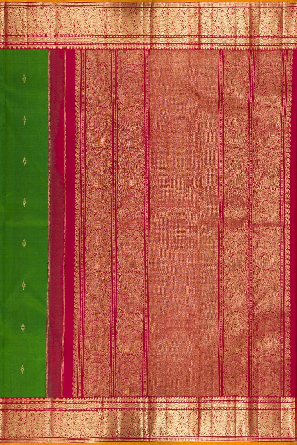Close up image of the pallu of Pure Silk Green Kanjivaram Saree with Zari Butta on the body and Zari Border. 