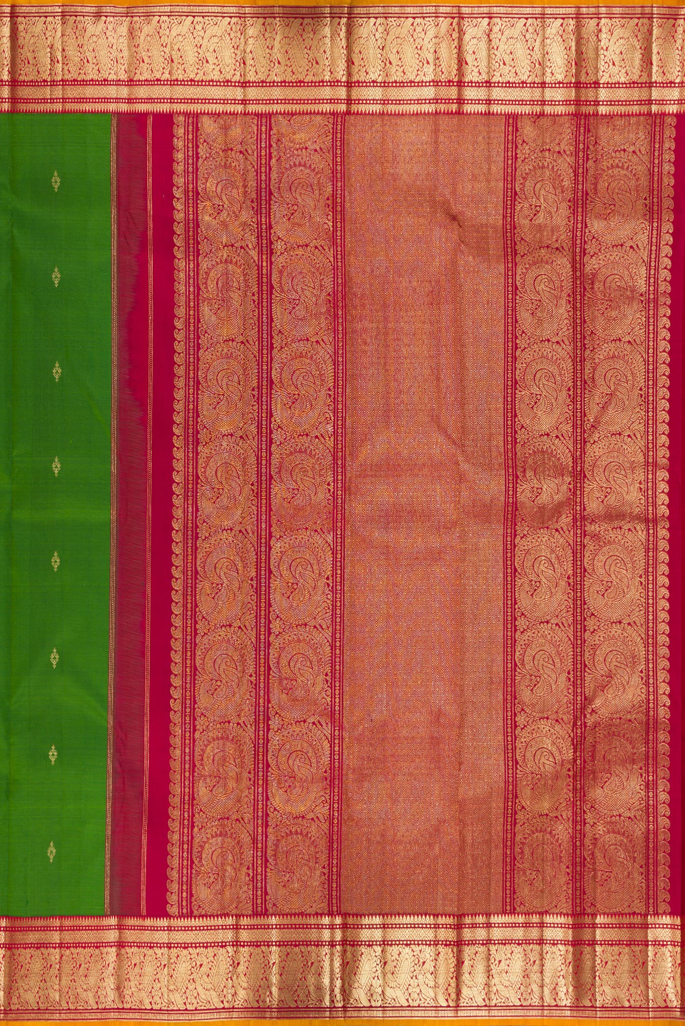 Close up image of the pallu of Pure Silk Green Kanjivaram Saree with Zari Butta on the body and Zari Border. 