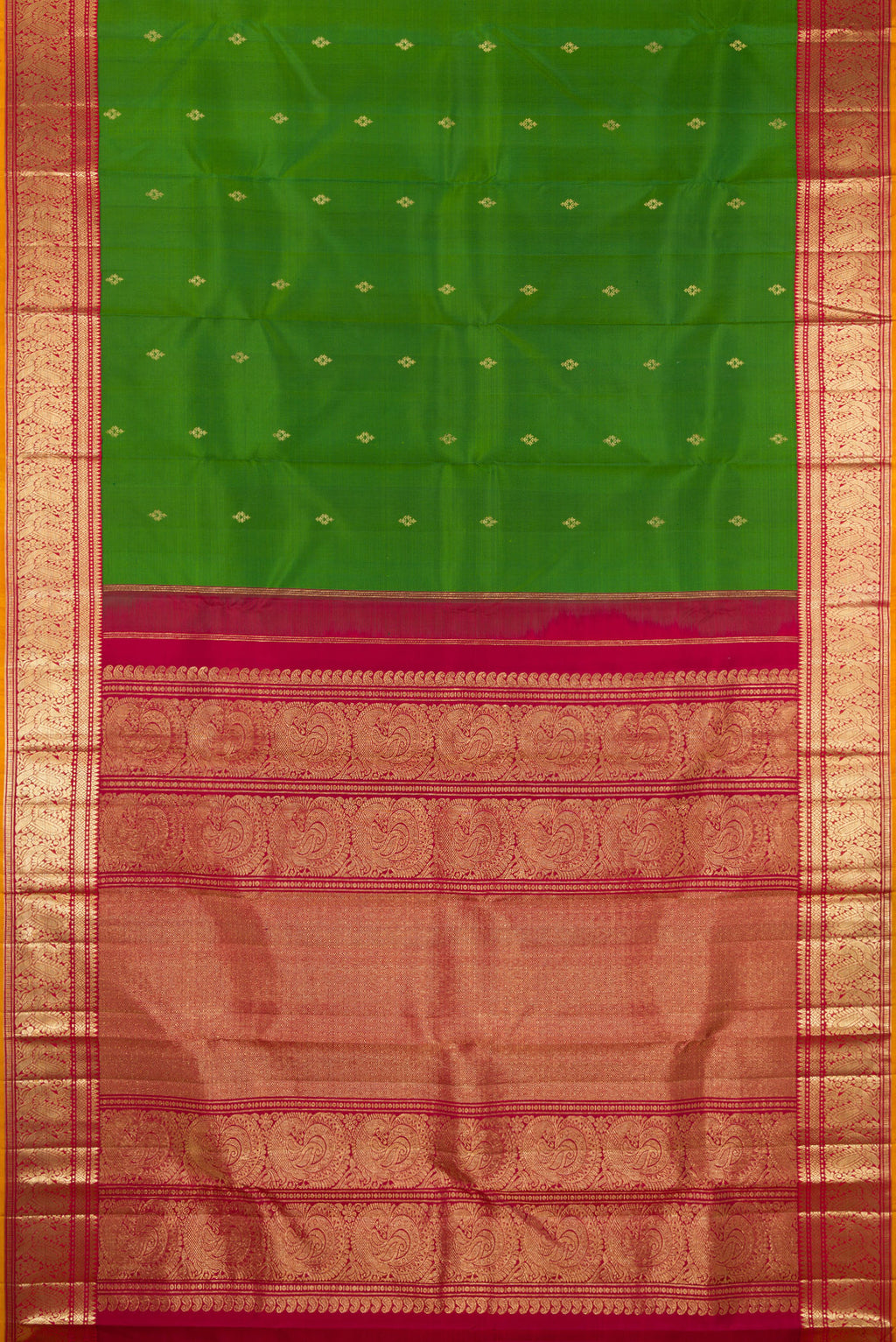 Flat view of Pure Silk Green Kanjivaram Saree with Zari Butta on the body and Zari Border. 