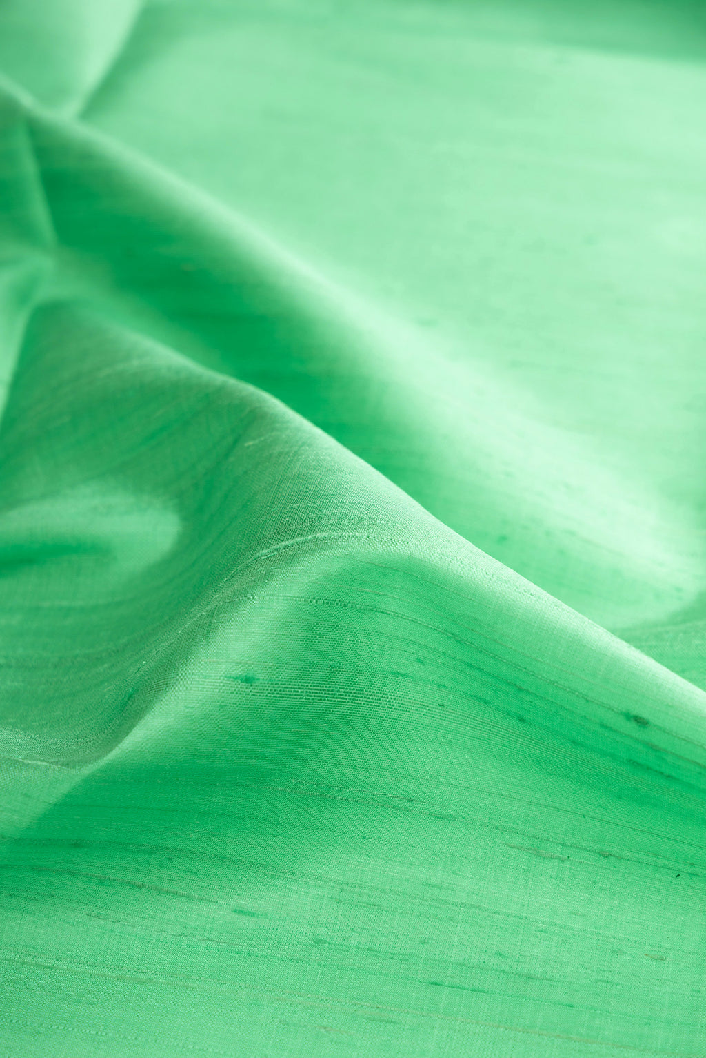 Close up of Pure Silk Sea Green Raw Saree with Plain Body and Fancy Border.  displaying folds