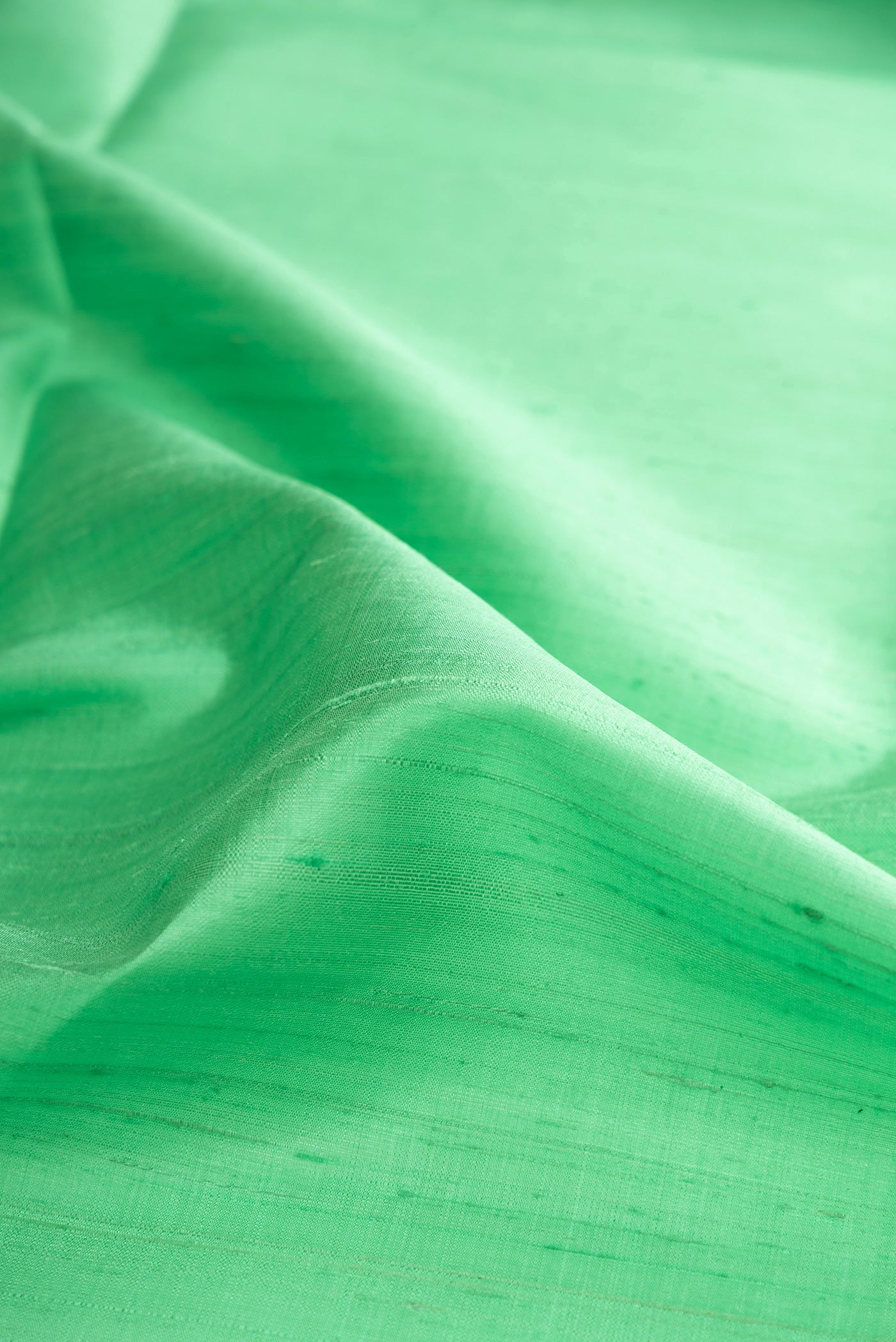 Close up of Pure Silk Sea Green Raw Saree with Plain Body and Fancy Border.  displaying folds