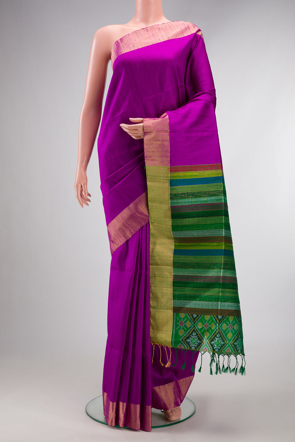 Pure Silk Purple Raw Saree with Plain Body and Zari Border.  displayed on a mannequin