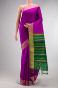 Pure Silk Purple Raw Saree with Plain Body and Zari Border.  displayed on a mannequin
