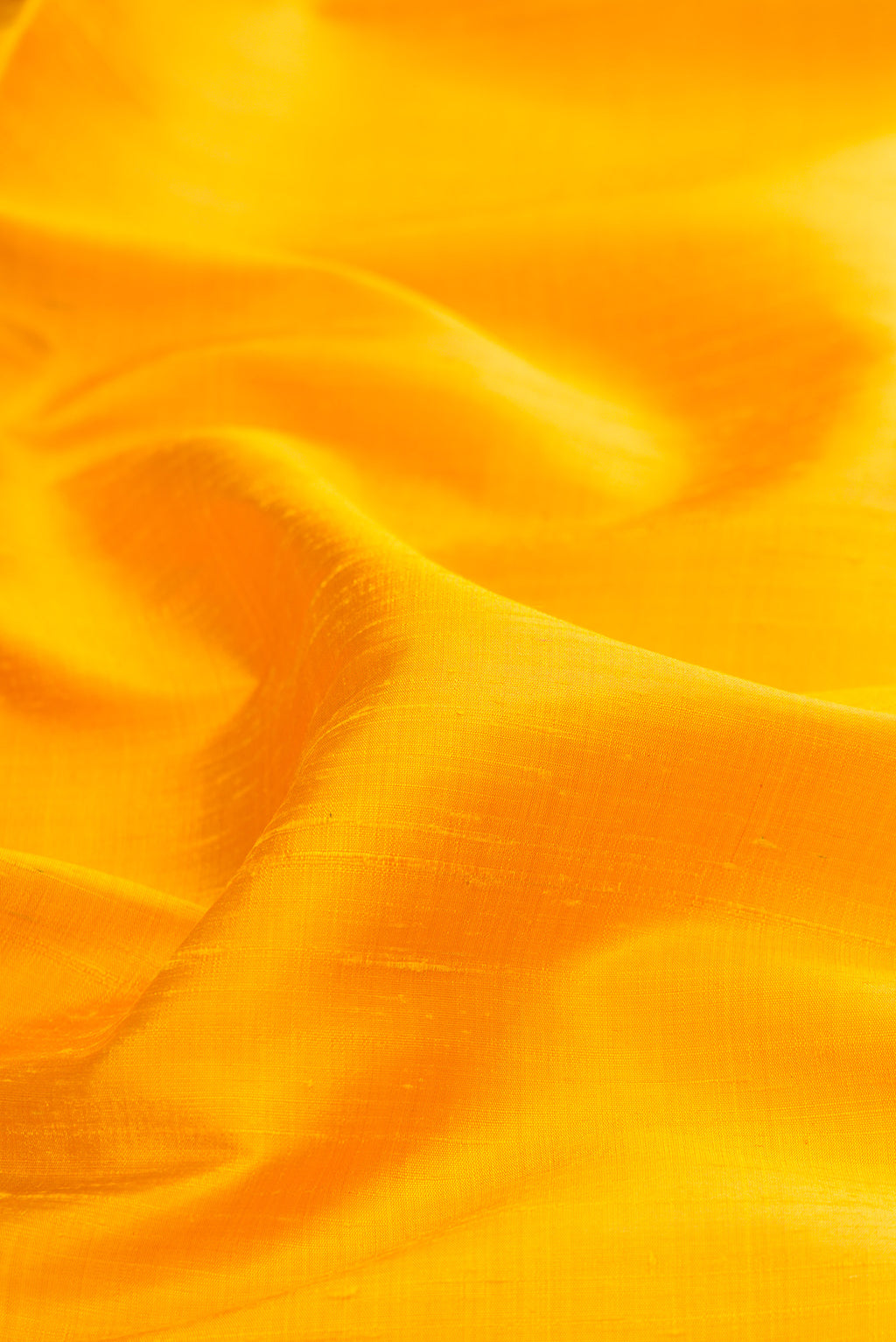 Close up of Pure Silk Yellow Raw Saree with Plain Body and Zari Border.  displaying folds