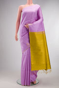 Pure Silk Lavender Raw Saree with Stripes on the body and Zari Border.  displayed on a mannequin