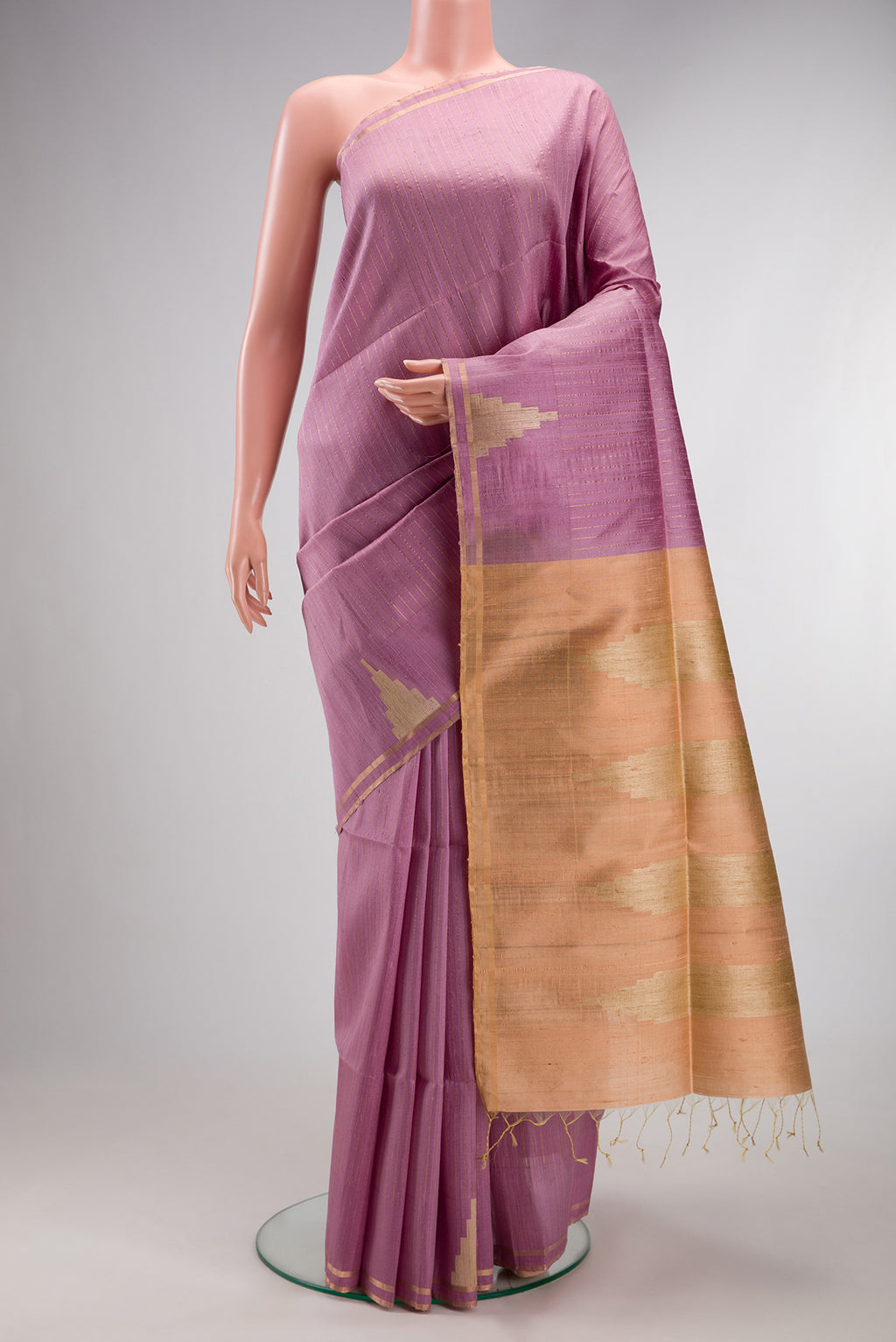 Pure Silk Purple Raw Saree with Stripes on the body and Fancy Border.  displayed on a mannequin