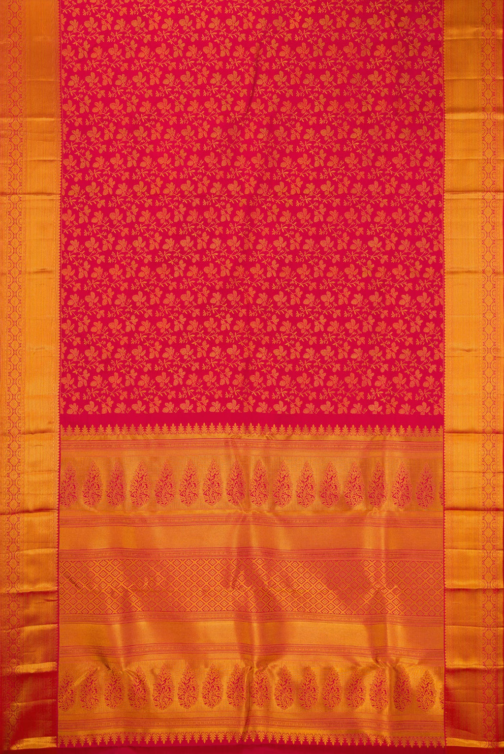 Flat view of Pure Silk Red Kanchipuram Saree with Zari Brocade on the body and Zari Border. 