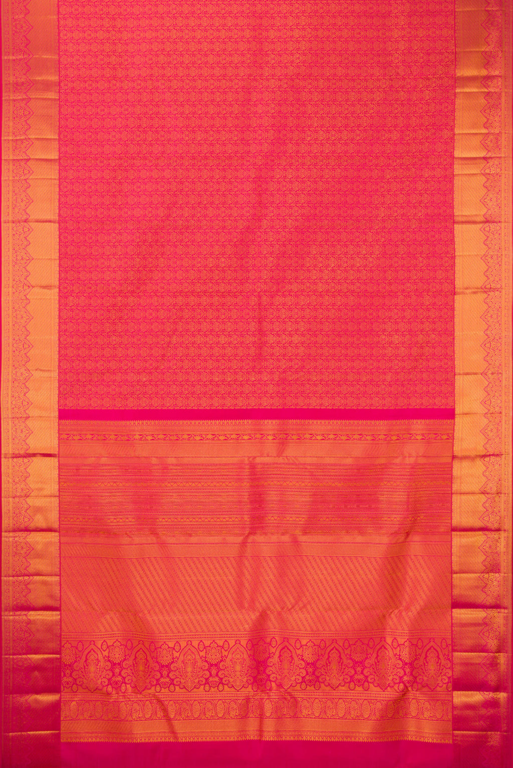 Flat view of Pure Silk Dark Pink Dual Tone Kanchipuram Saree with Zari Brocade on the body and Zari Border. 