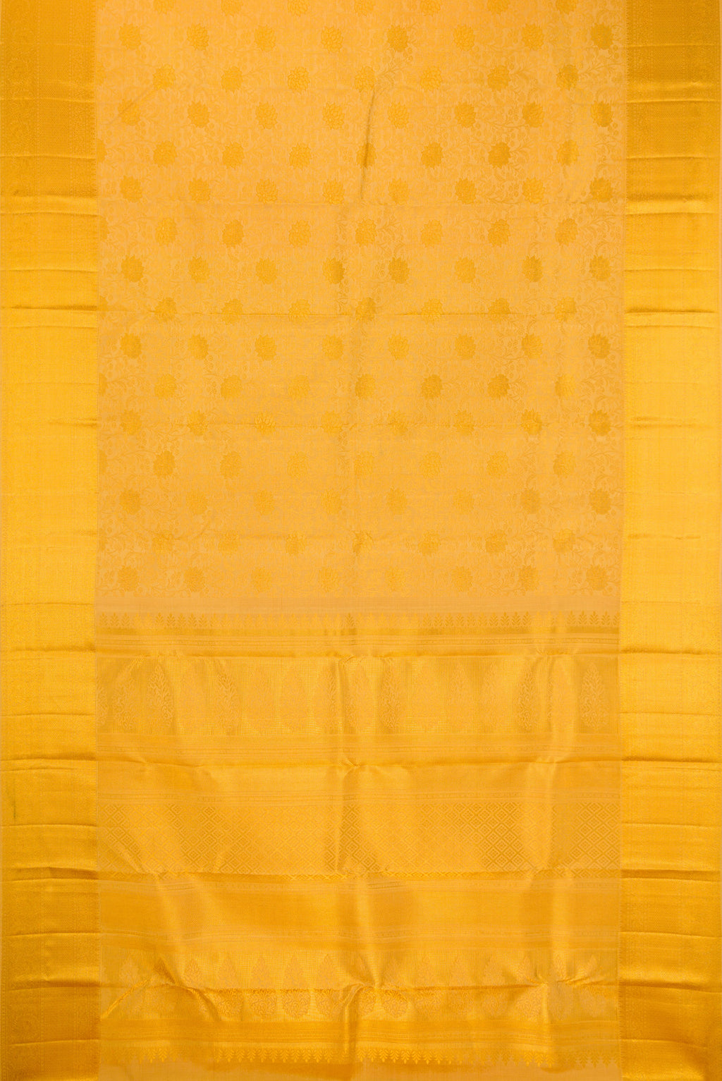 Flat view of Pure Silk Gold Kanchipuram Saree with Zari Brocade on the body and Zari Border. 