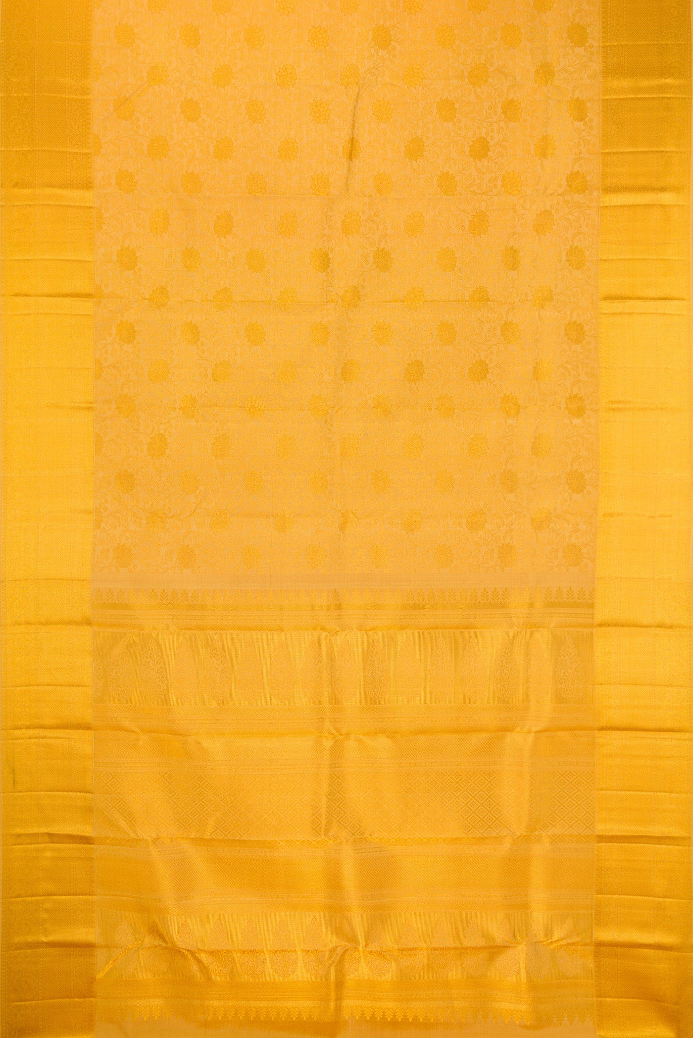 Flat view of Pure Silk Gold Kanchipuram Saree with Zari Brocade on the body and Zari Border. 