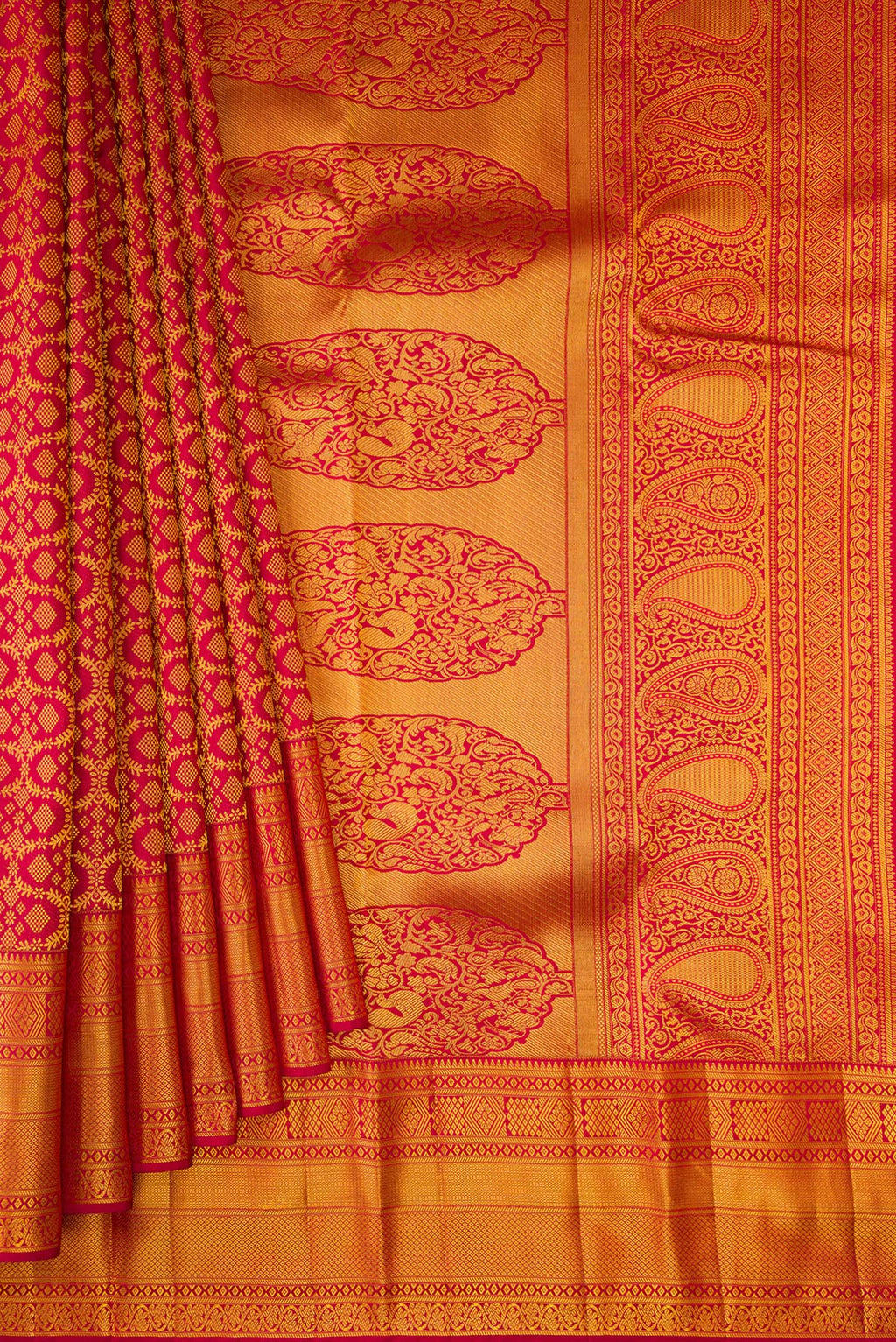 Pleats and pallu of Pure Silk Red Kanchipuram Saree with Zari Brocade on the body and Zari Border. 
