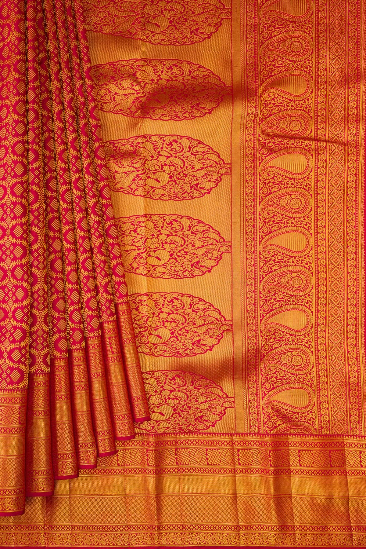 Pleats and pallu of Pure Silk Red Kanchipuram Saree with Zari Brocade on the body and Zari Border. 