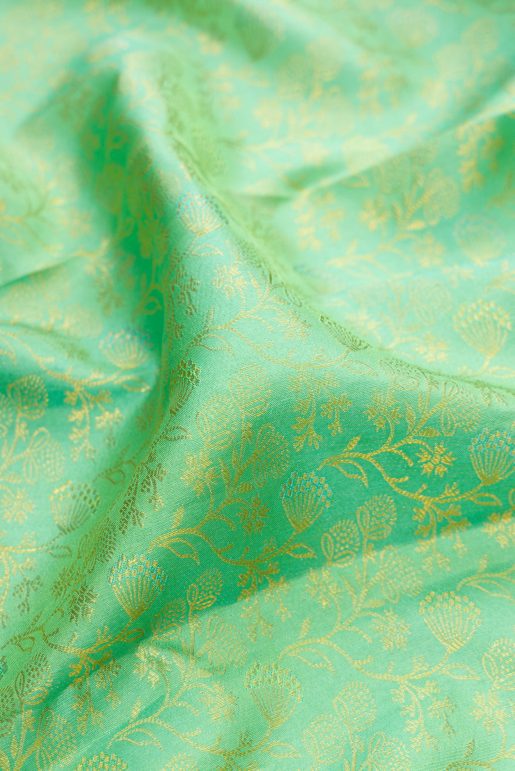 Close up of Pure Silk Pista Green Kanjivaram Saree with Zari Brocade on the body and Zari Border.  displaying folds