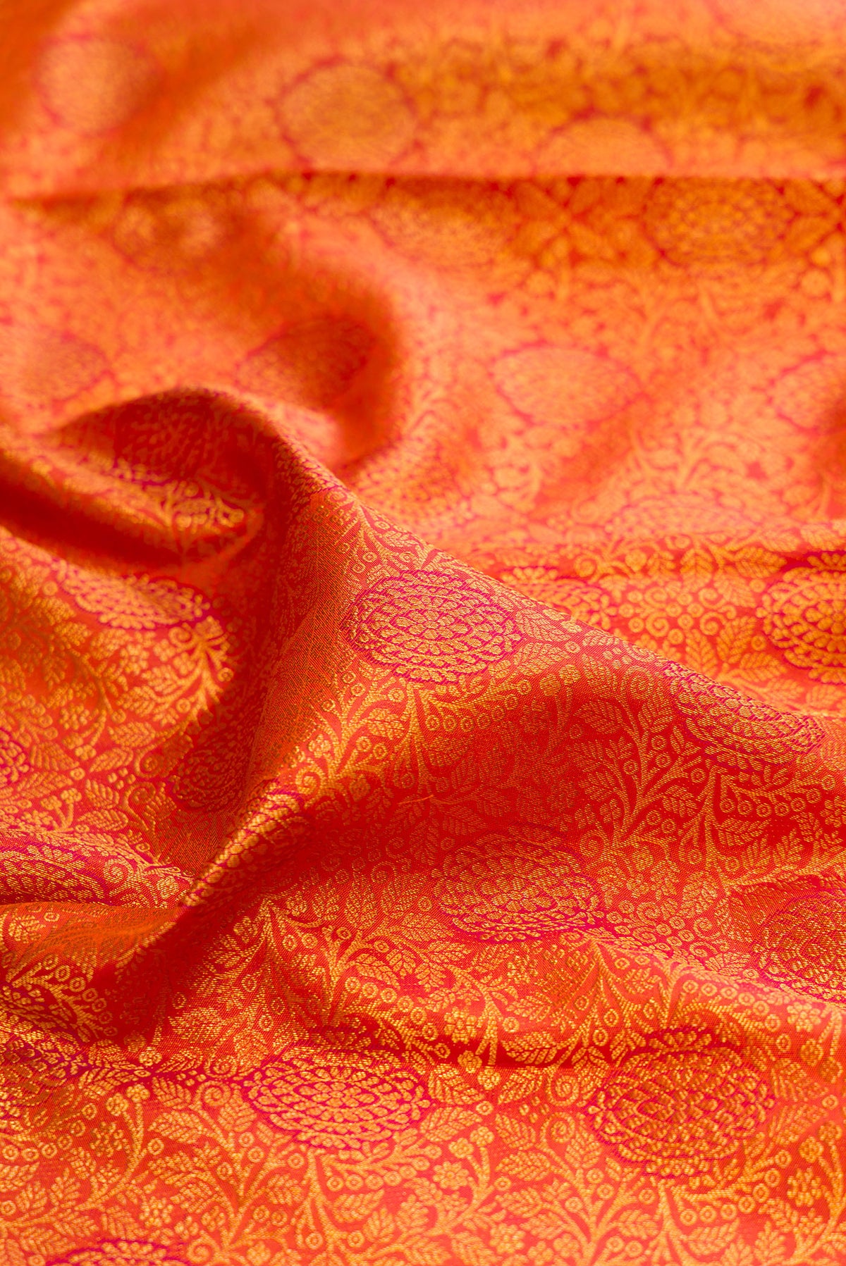 Close up of Orange Kanjivaram Silk Saree with Zari Brocade on the body and Fancy Border.  displaying folds