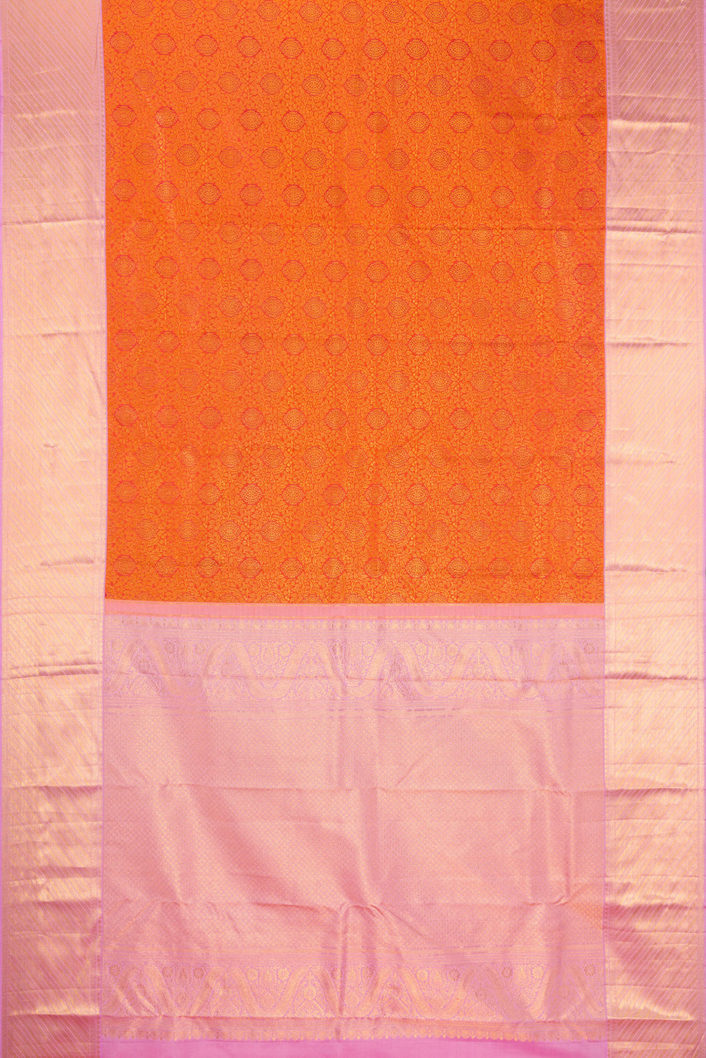 Flat view of Orange Kanjivaram Silk Saree with Zari Brocade on the body and Fancy Border. 