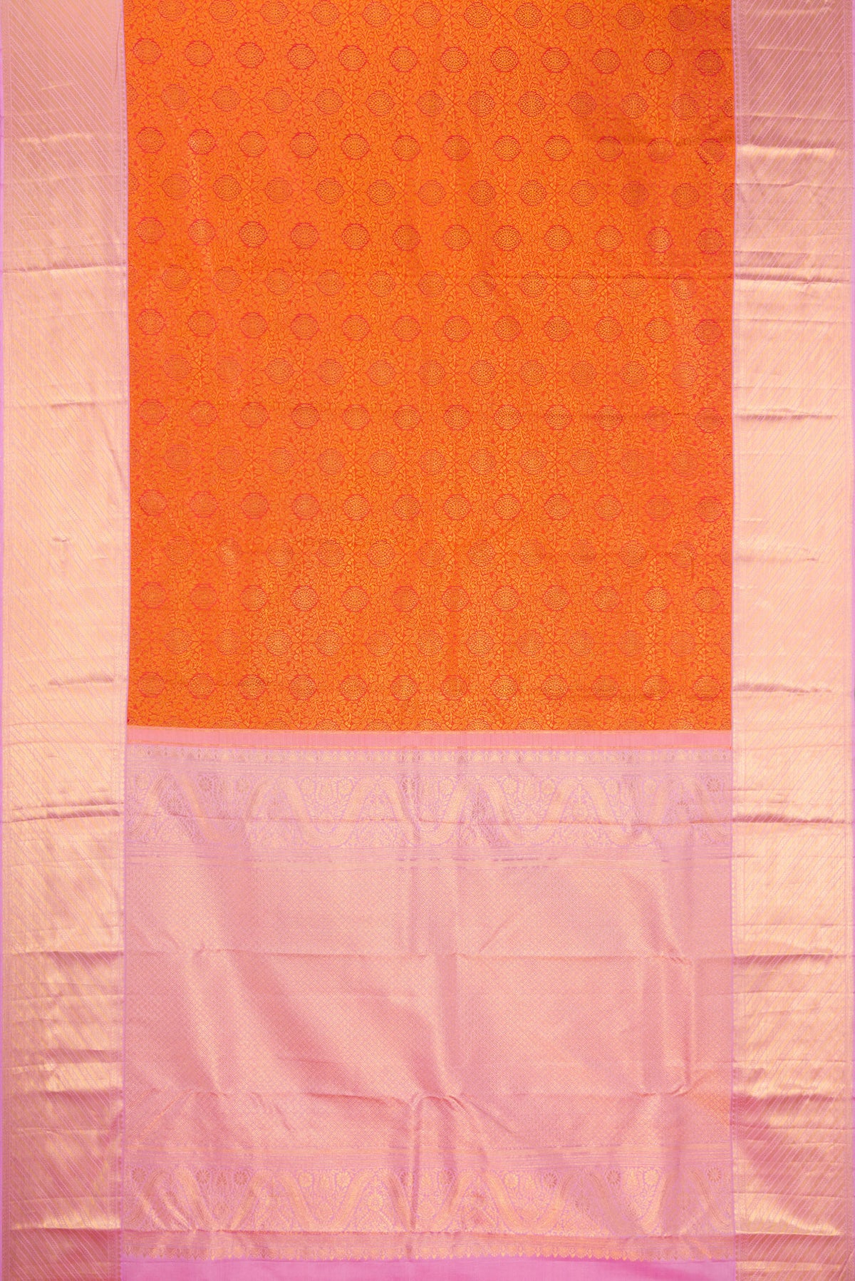 Flat view of Orange Kanjivaram Silk Saree with Zari Brocade on the body and Fancy Border. 