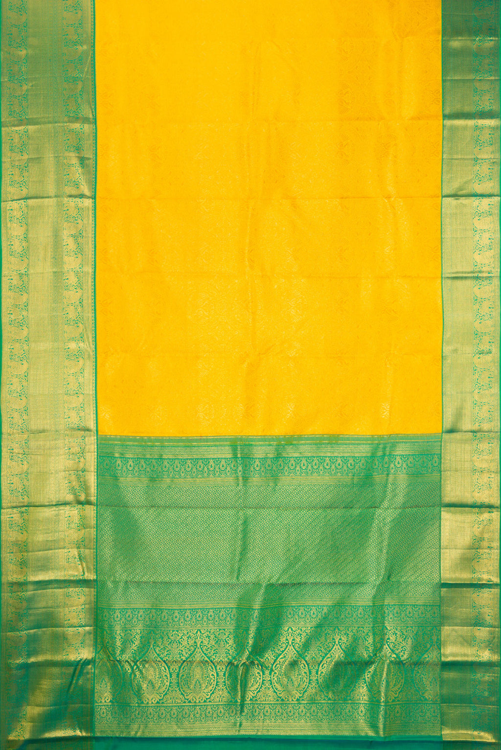 Flat view of Pure Silk Yellow Kanjivaram Saree with Zari Brocade on the body and Zari Border. 