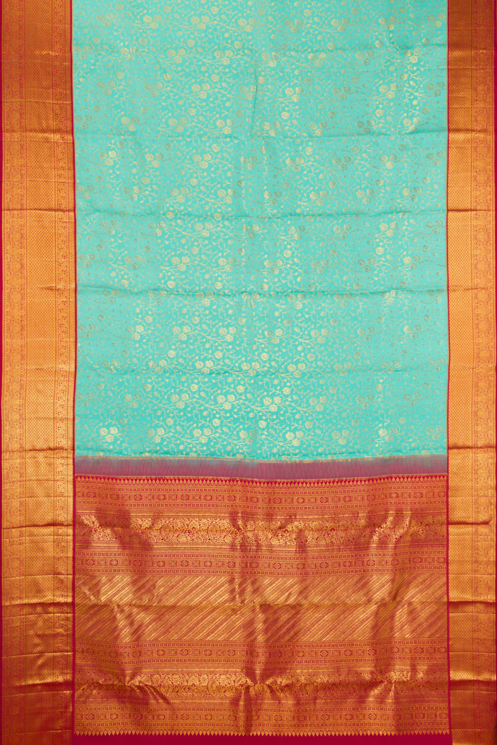 Flat view of Turquoise Kanjivaram Silk Saree with Zari Brocade on the body and Zari Border. 