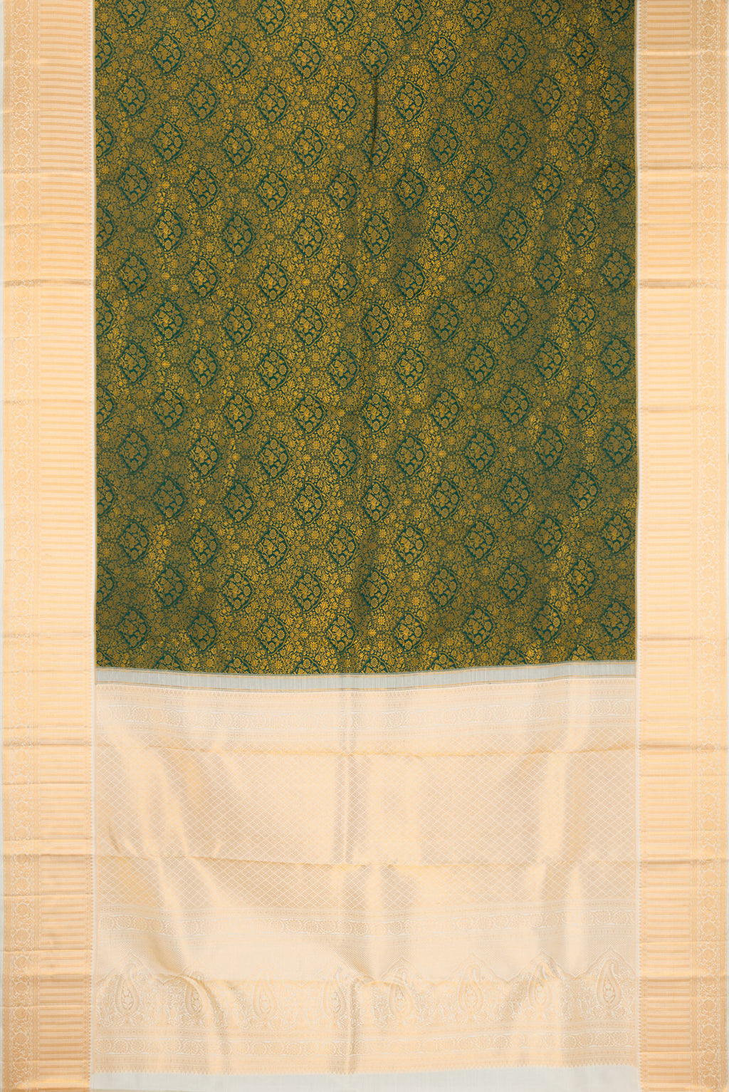 Flat view of Pure Silk Bottle Green Kanjivaram Saree with Zari Brocade on the body and Zari Border. 