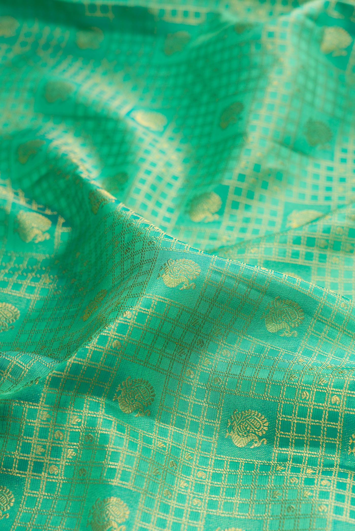 Close up of Green Kanjivaram Silk Saree with Zari Brocade on the body and Zari Border.  displaying folds
