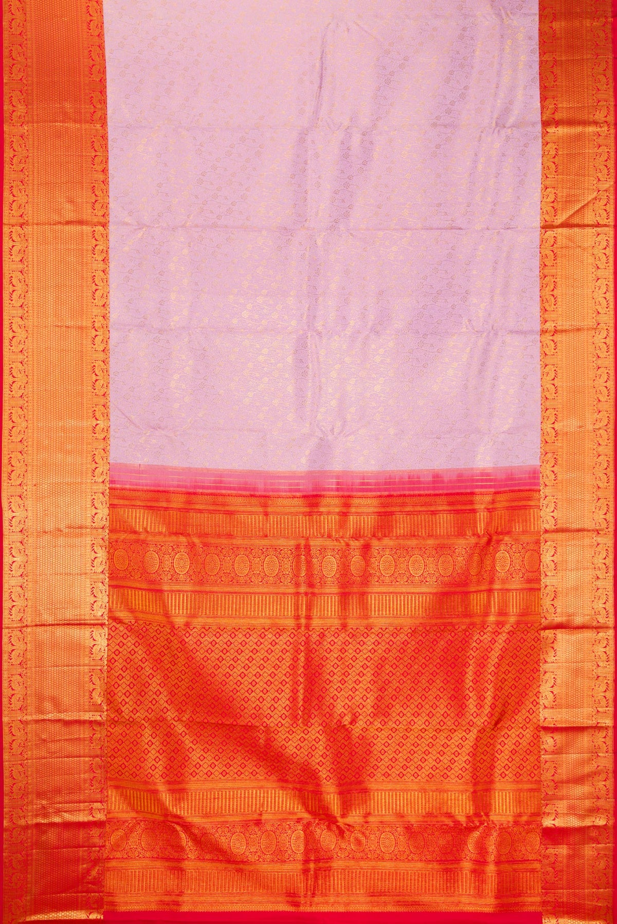 Flat view of Pure Silk Lavender Kanjivaram Saree with Zari Brocade on the body and Zari Border. 