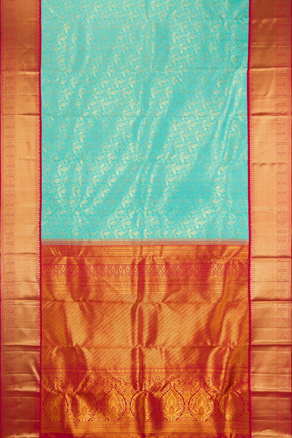 Flat view of Pure Silk Turquoise Kanjivaram Saree with Zari Brocade on the body and Zari Border. 