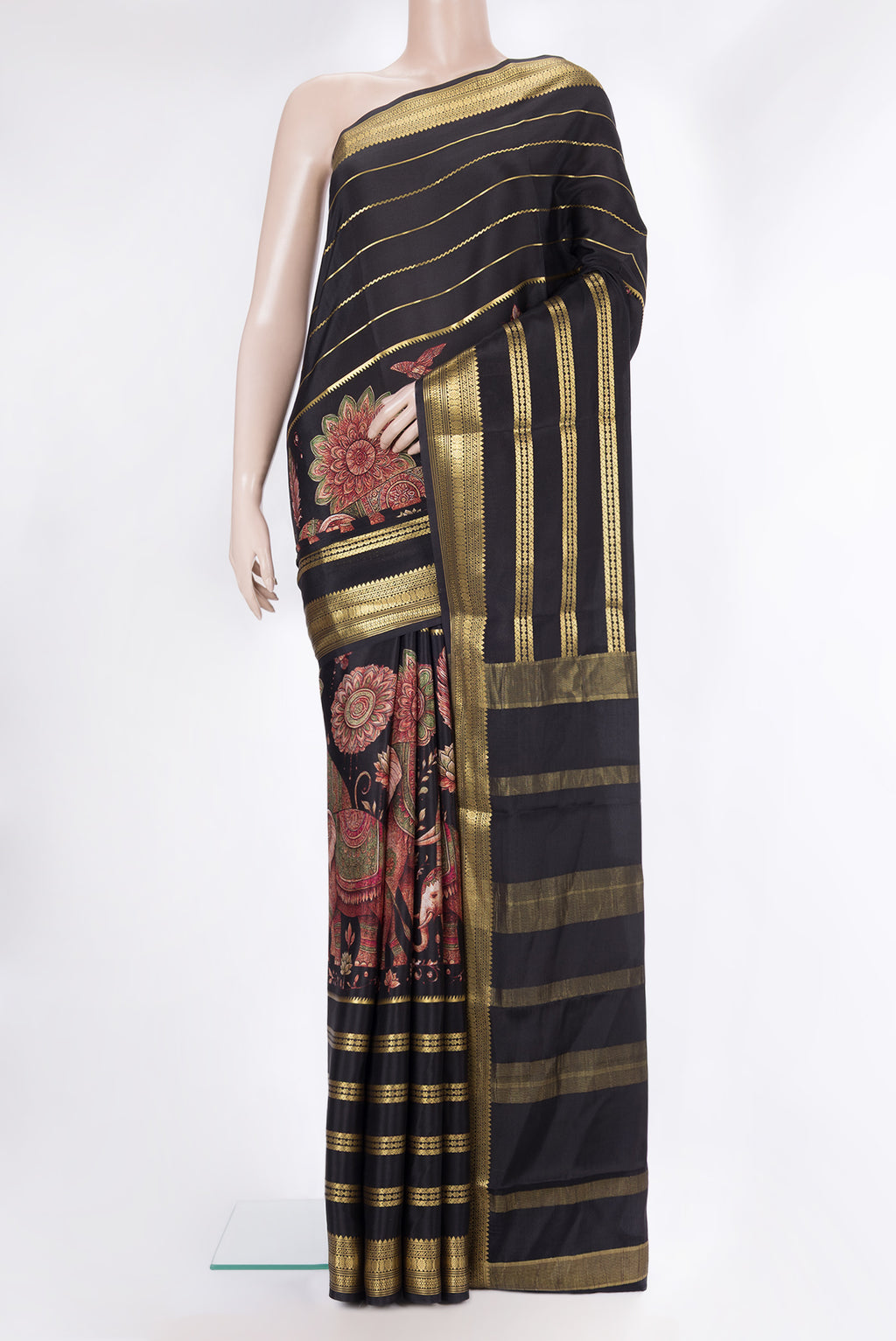 Pure Silk Black Dual Tone Mysore Silk Saree with Printed design on the body and Zari Border.  displayed on a mannequin