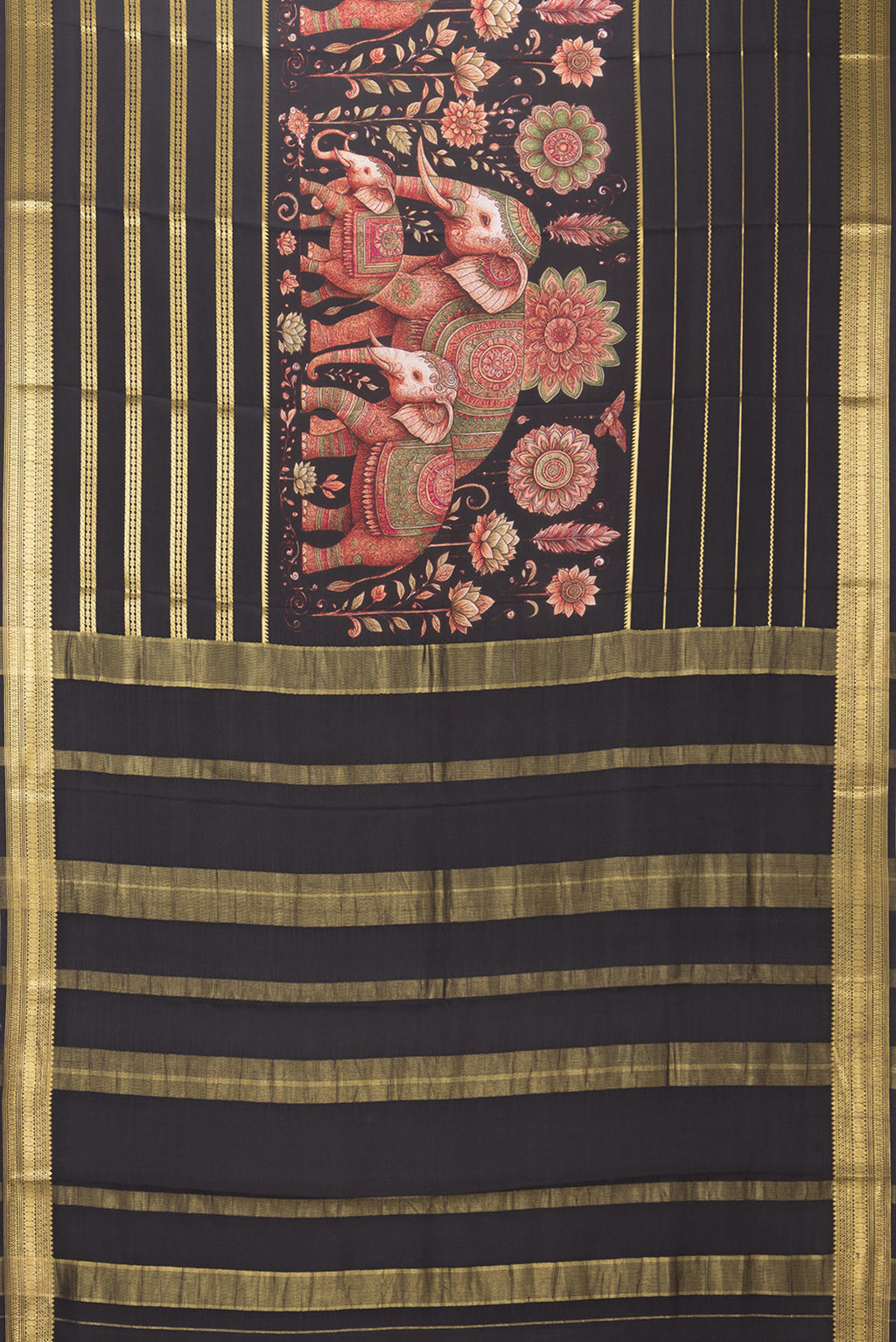 Flat view of Pure Silk Black Dual Tone Mysore Silk Saree with Printed design on the body and Zari Border. 