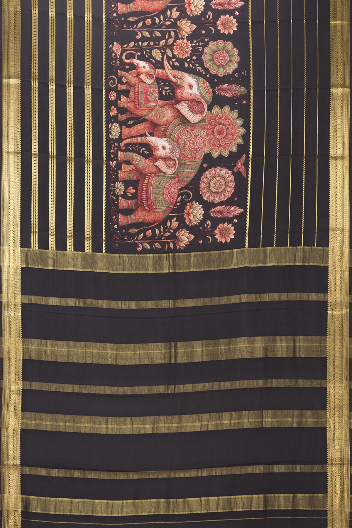 Flat view of Pure Silk Black Dual Tone Mysore Silk Saree with Printed design on the body and Zari Border. 