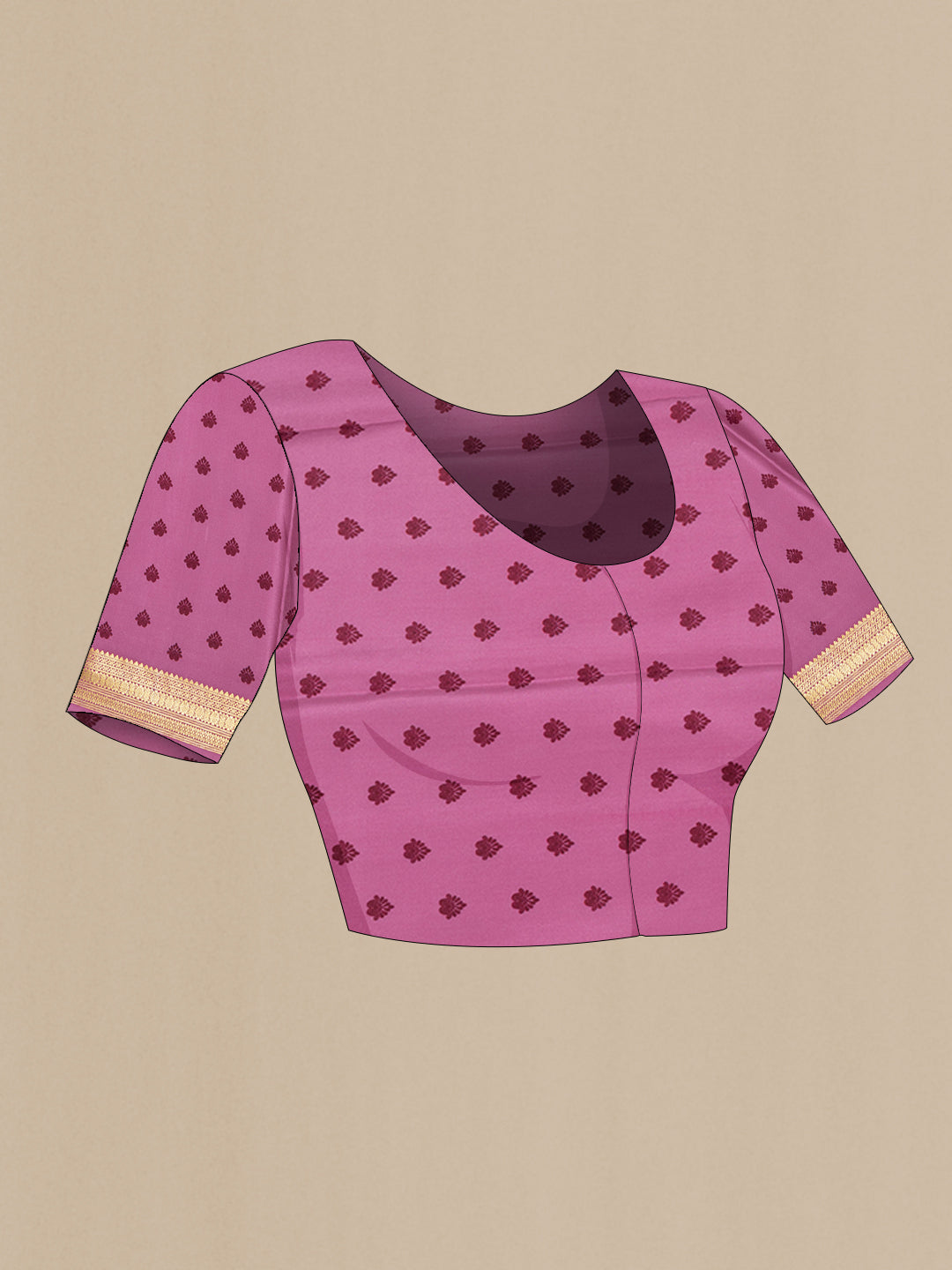 Close up image of the blouse of Light Magenta Mysore Crepe Saree with Printed design on the body and Zari Border. 