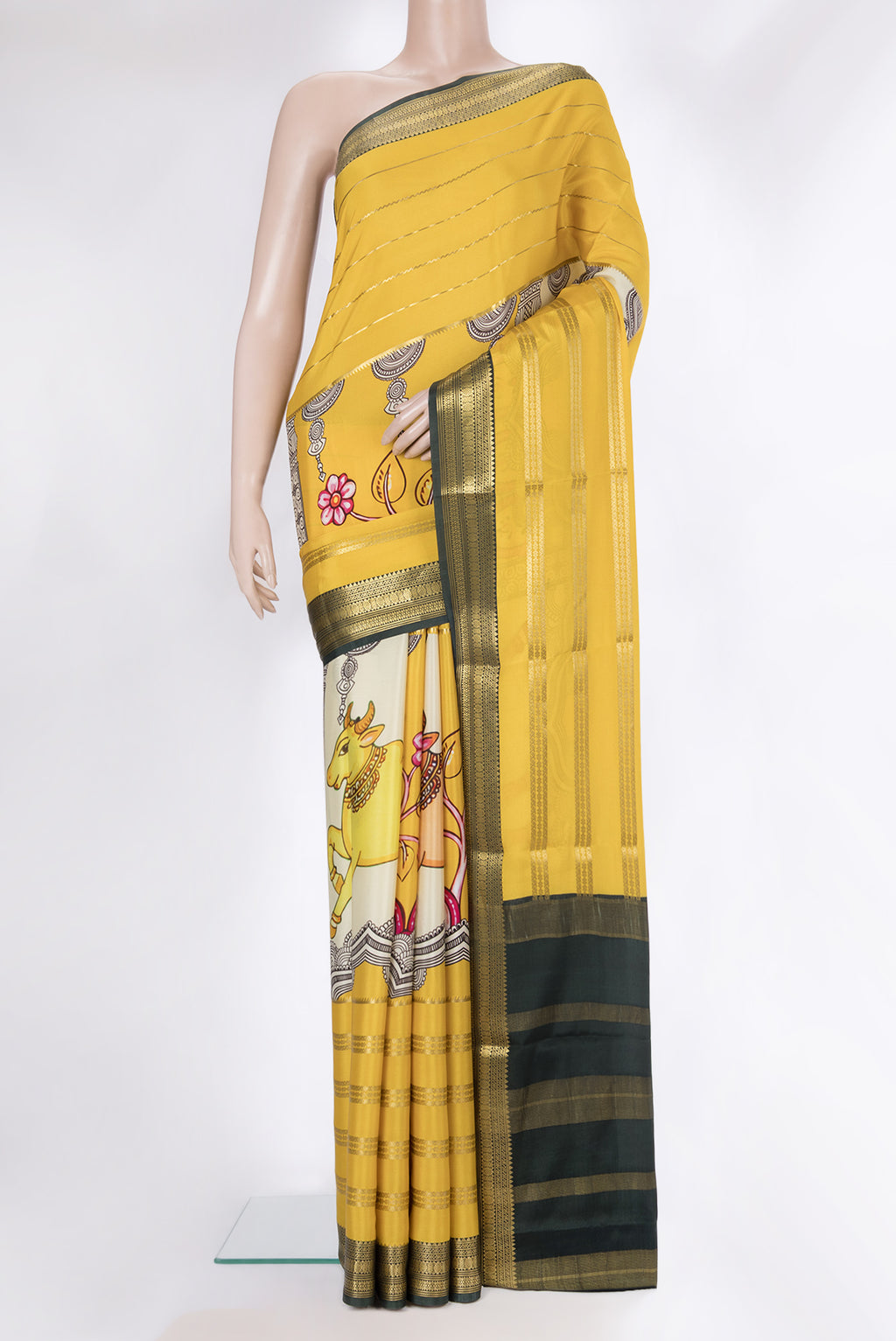 Lemon Yellow Mysore Crepe Saree with Printed design on the body and Zari Border.  displayed on a mannequin
