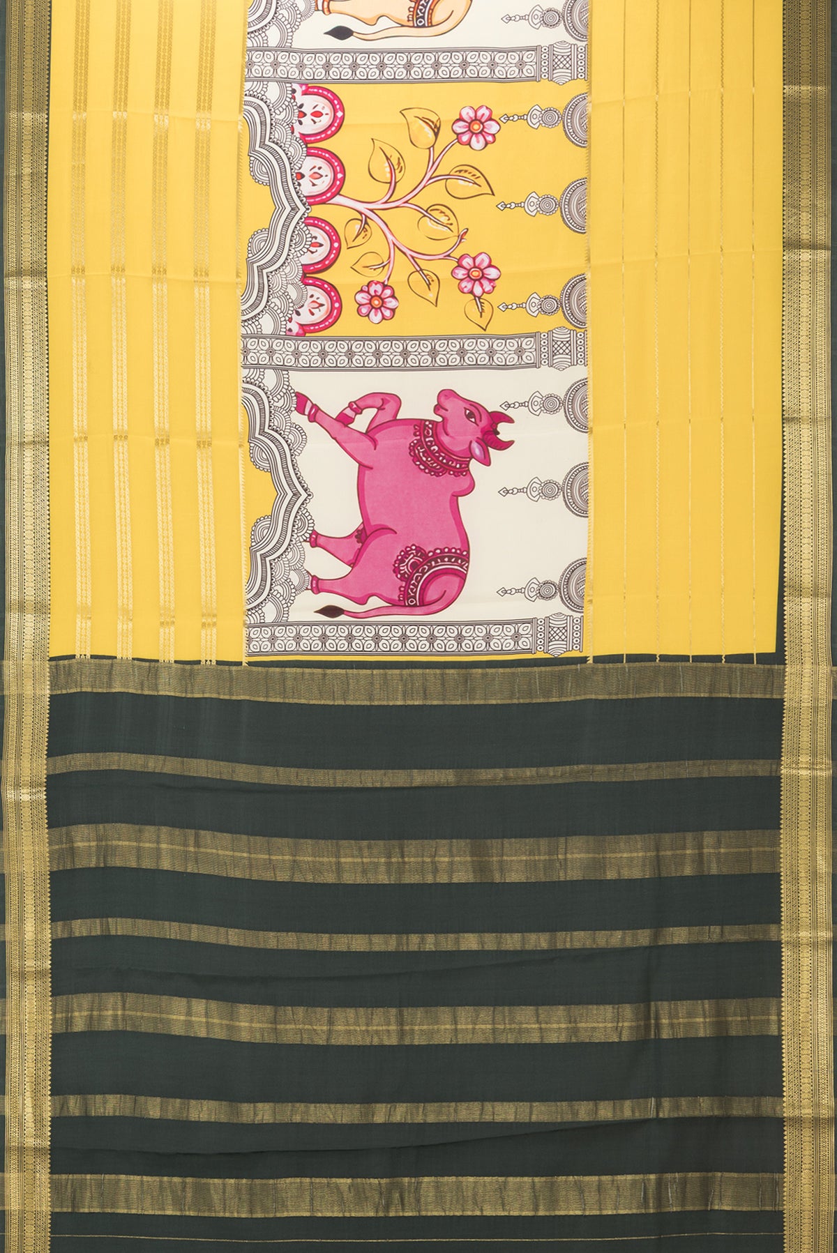 Flat view of Lemon Yellow Mysore Crepe Saree with Printed design on the body and Zari Border. 