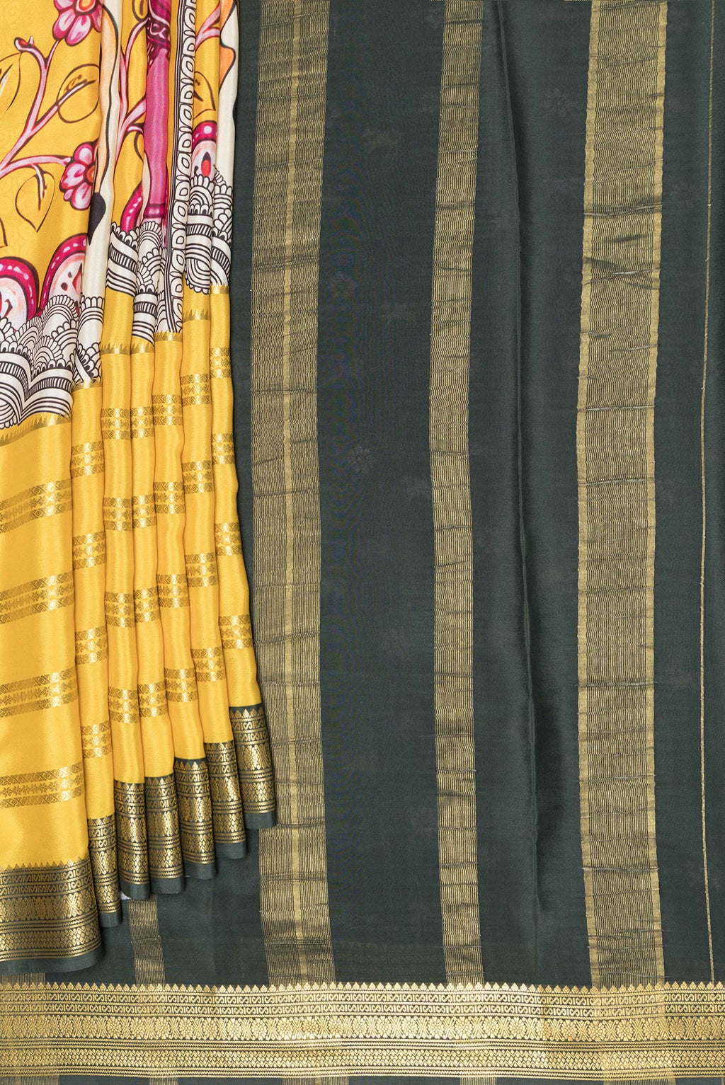 Pleats and pallu of Lemon Yellow Mysore Crepe Saree with Printed design on the body and Zari Border. 