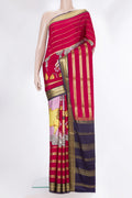Red Mysore Crepe Saree with Printed design on the body and Zari Border.  displayed on a mannequin
