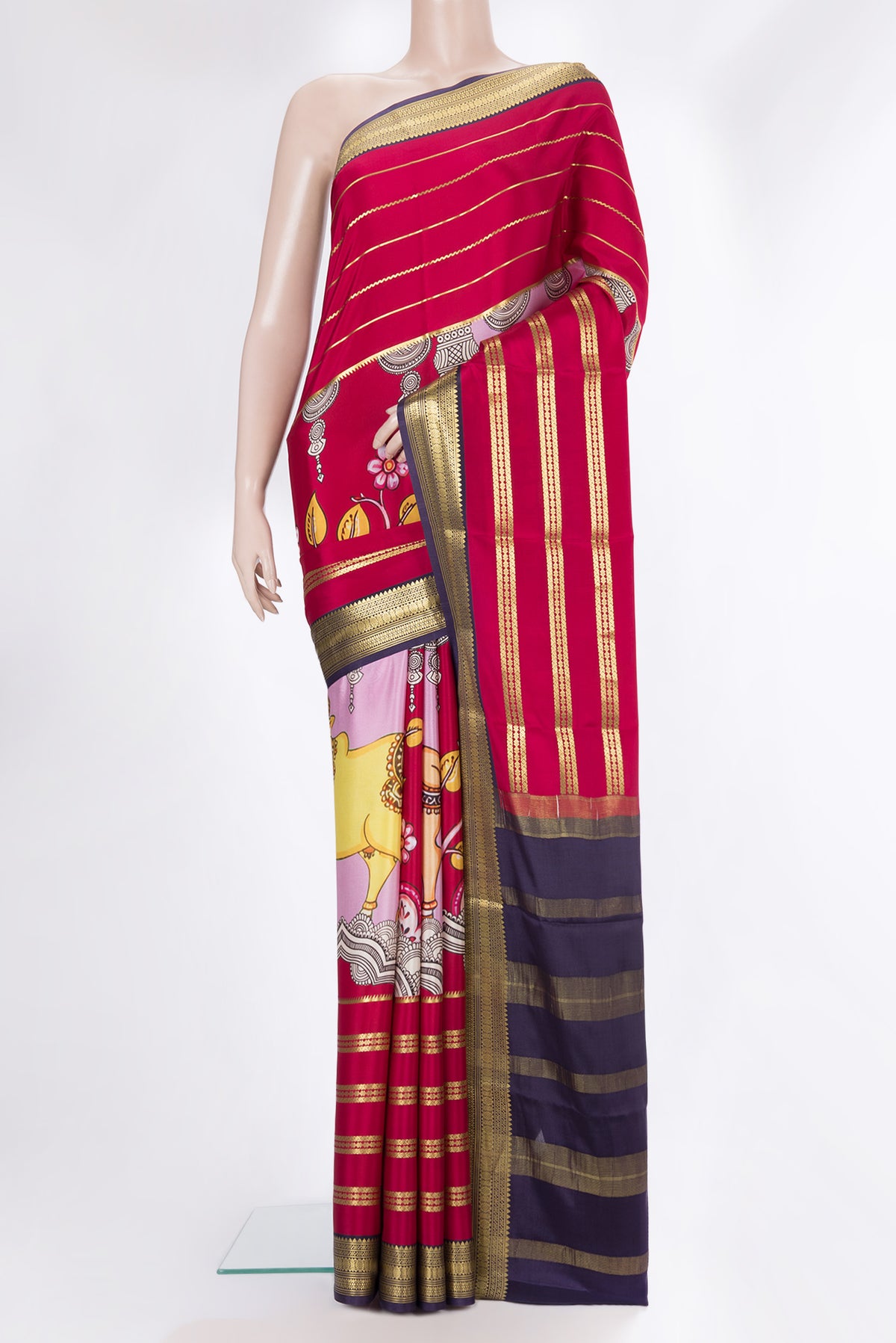 Red Mysore Crepe Saree with Printed design on the body and Zari Border.  displayed on a mannequin