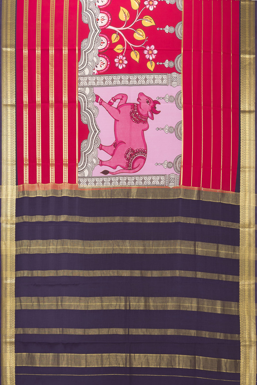 Flat view of Red Mysore Crepe Saree with Printed design on the body and Zari Border. 