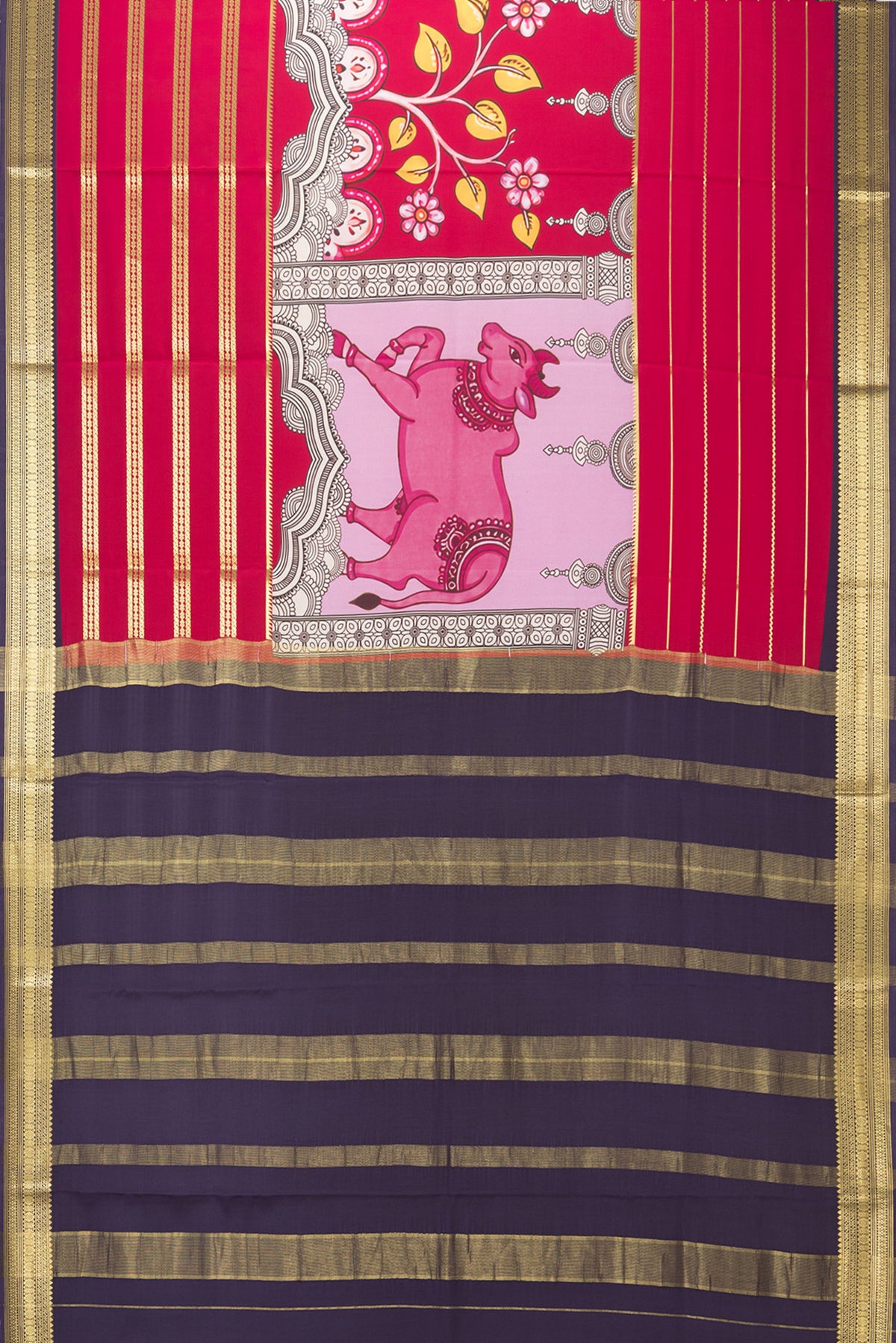 Flat view of Red Mysore Crepe Saree with Printed design on the body and Zari Border. 