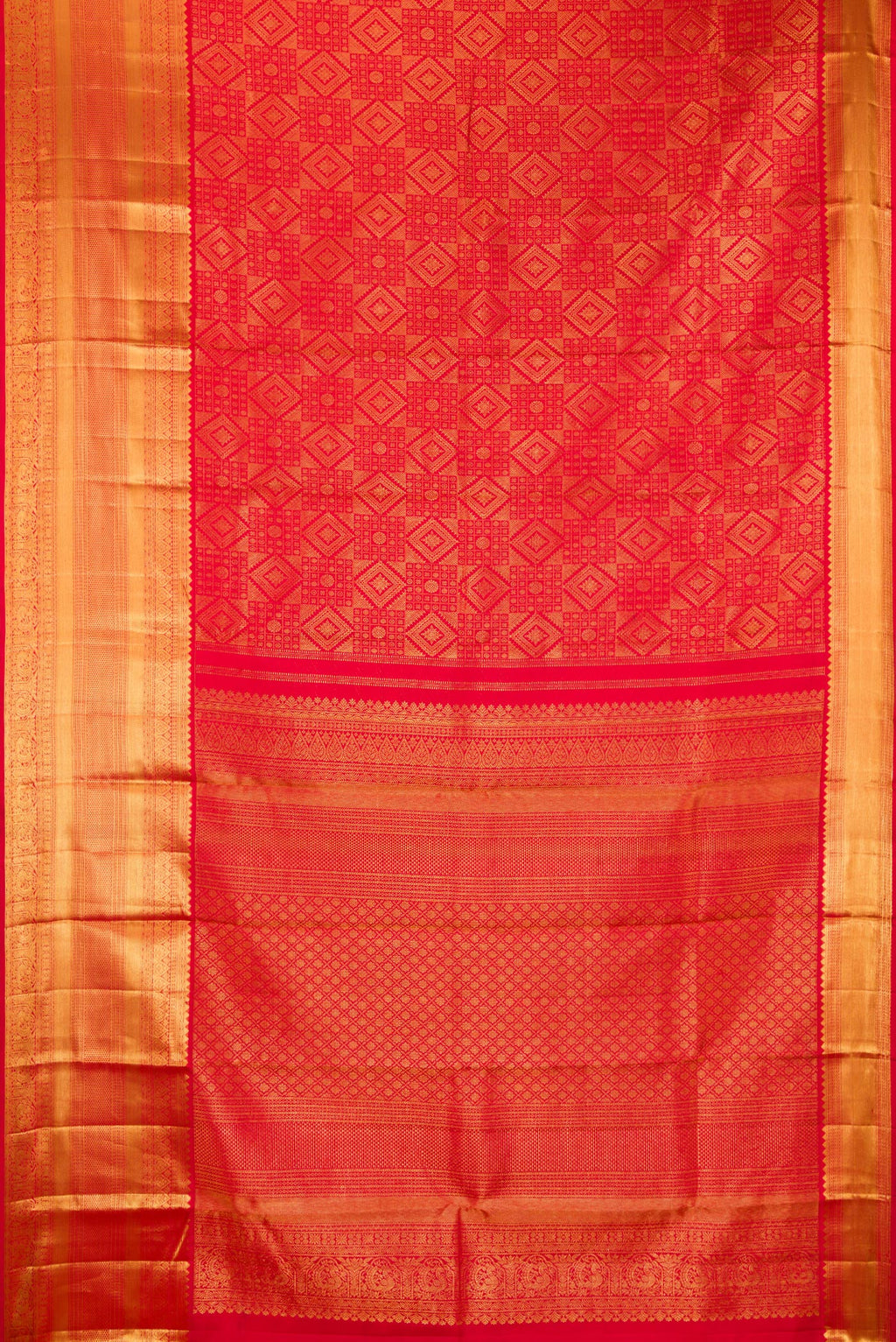 Flat view of Pure Silk Red Kanchipuram Saree with Zari Brocade on the body and Zari Border. 
