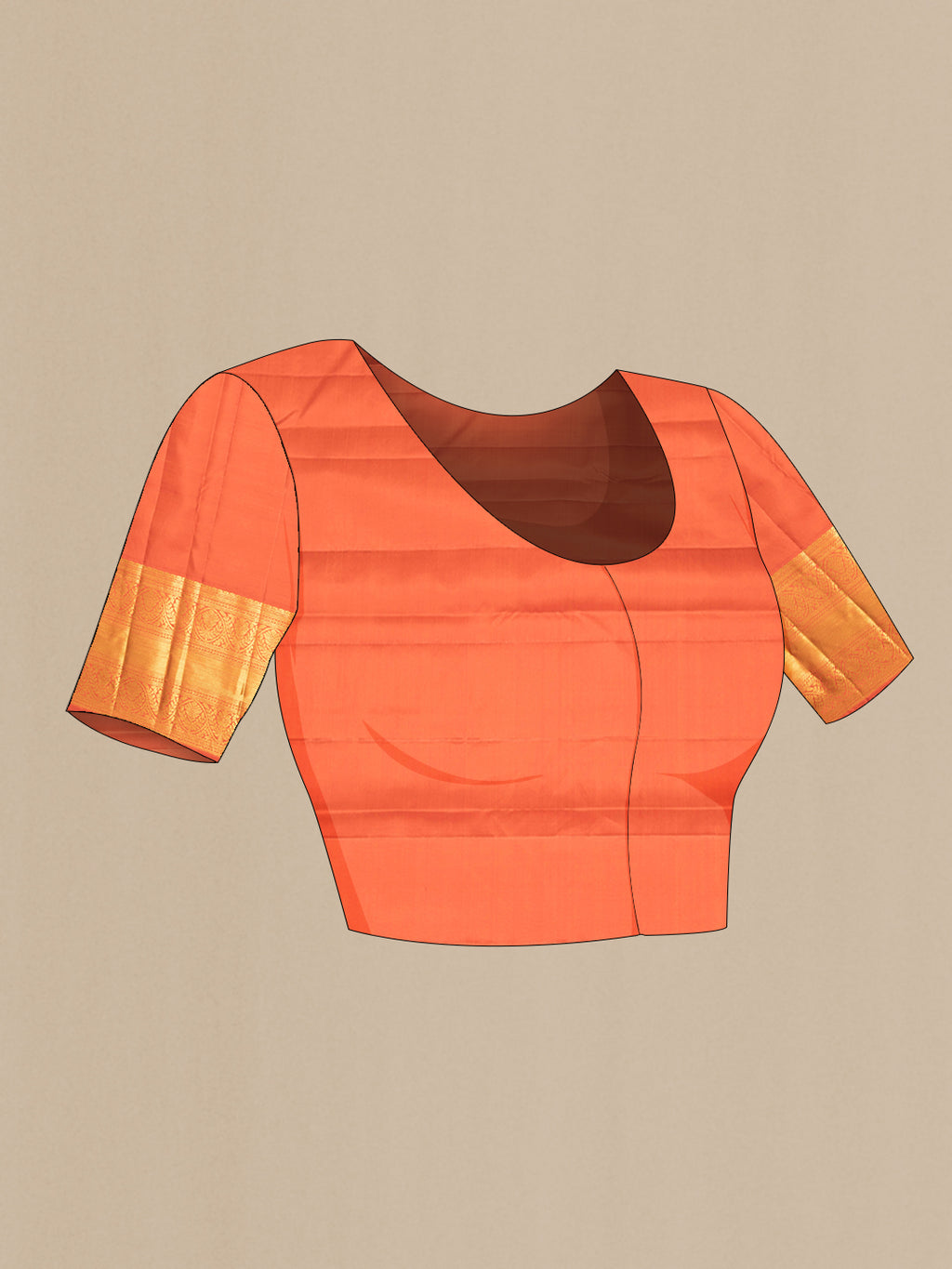 Close up image of the blouse of Pure Silk Orange Kanchipuram Saree with Zari Brocade on the body and Fancy Border. 
