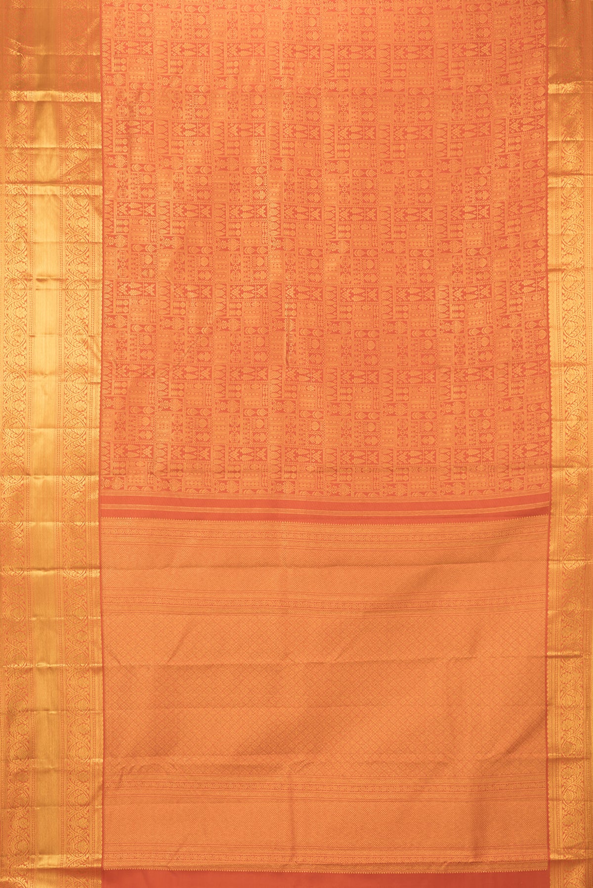 Flat view of Pure Silk Orange Kanchipuram Saree with Zari Brocade on the body and Fancy Border. 