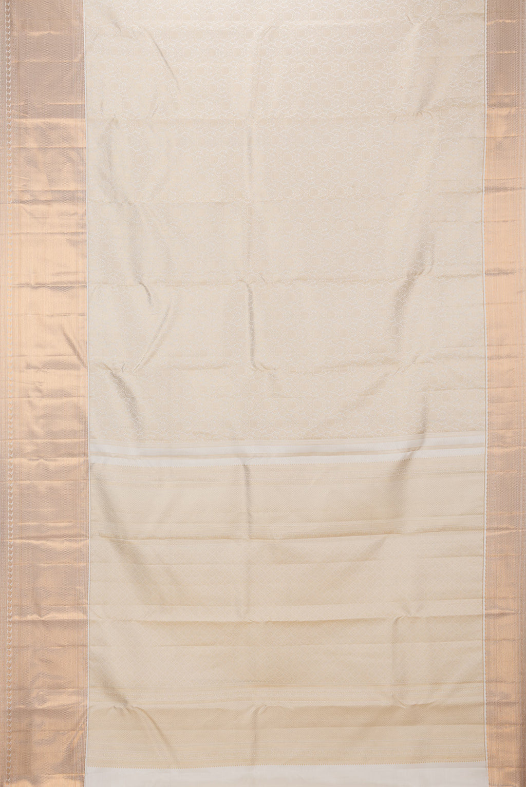 Flat view of Pure Silk Off White Kanchipuram Saree with Zari Brocade on the body and Zari Border. 
