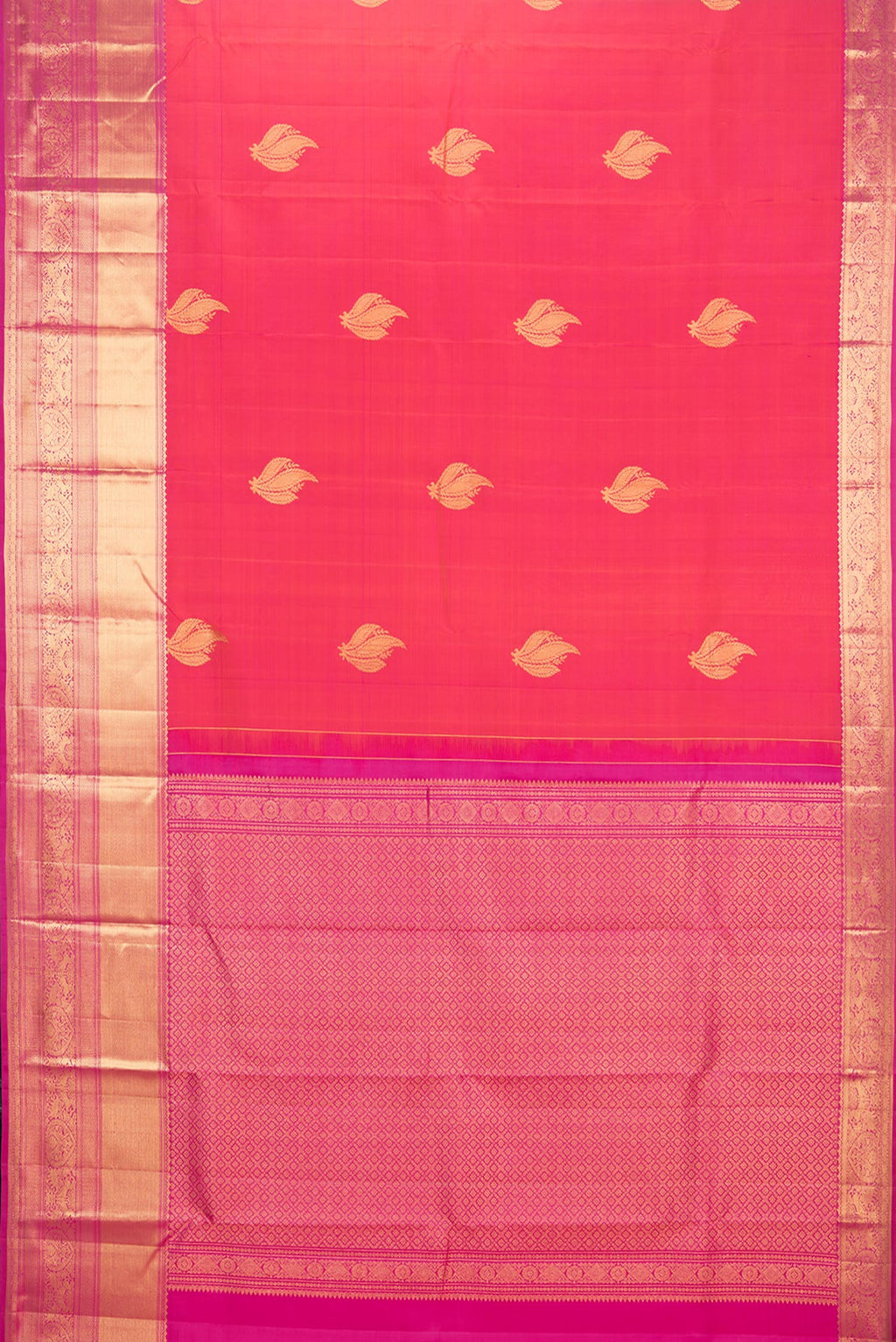 Flat view of Pure Silk Orange Dual Tone Kanchipuram Saree with Zari Butta on the body and Zari Border. 