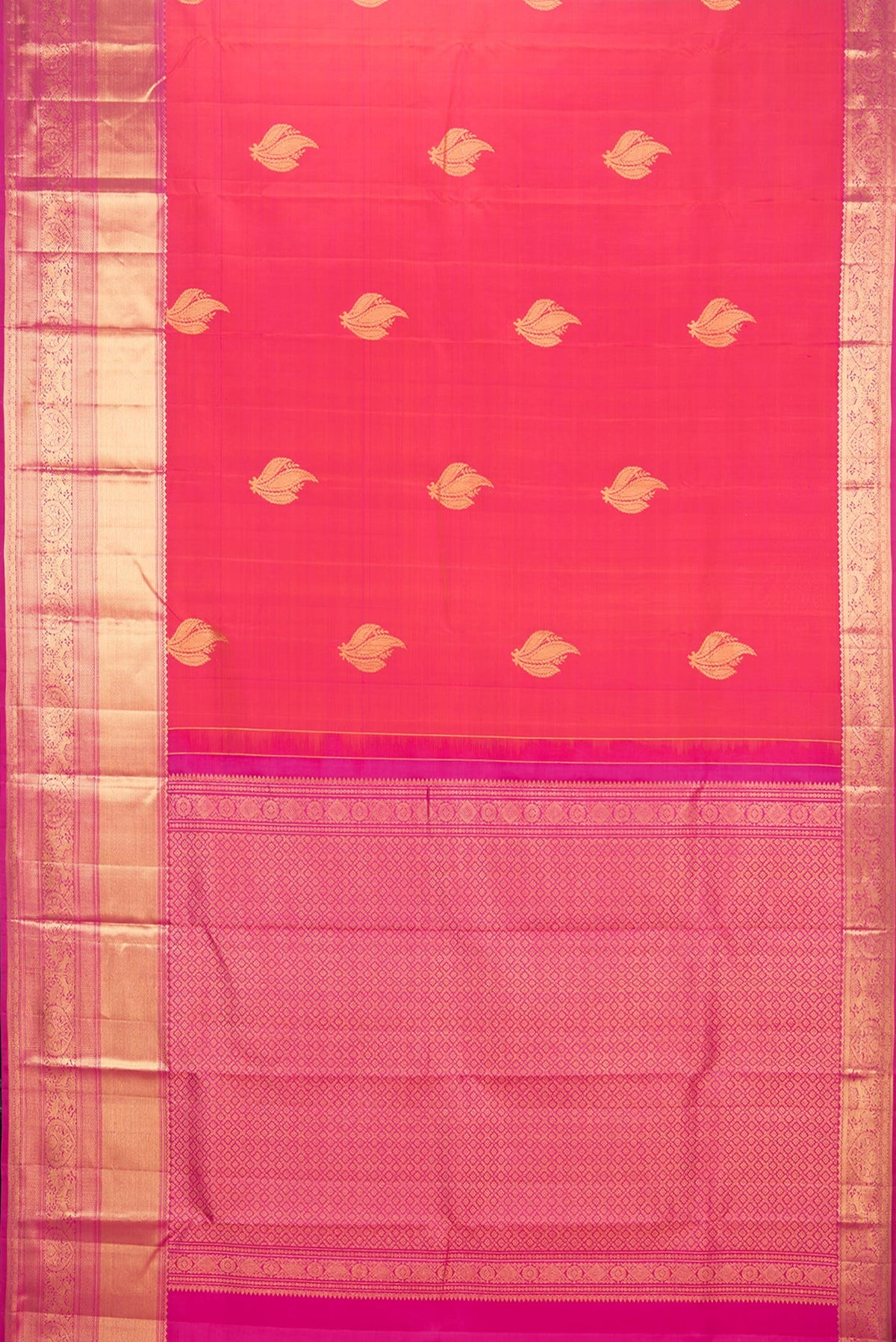 Flat view of Pure Silk Orange Dual Tone Kanchipuram Saree with Zari Butta on the body and Zari Border. 