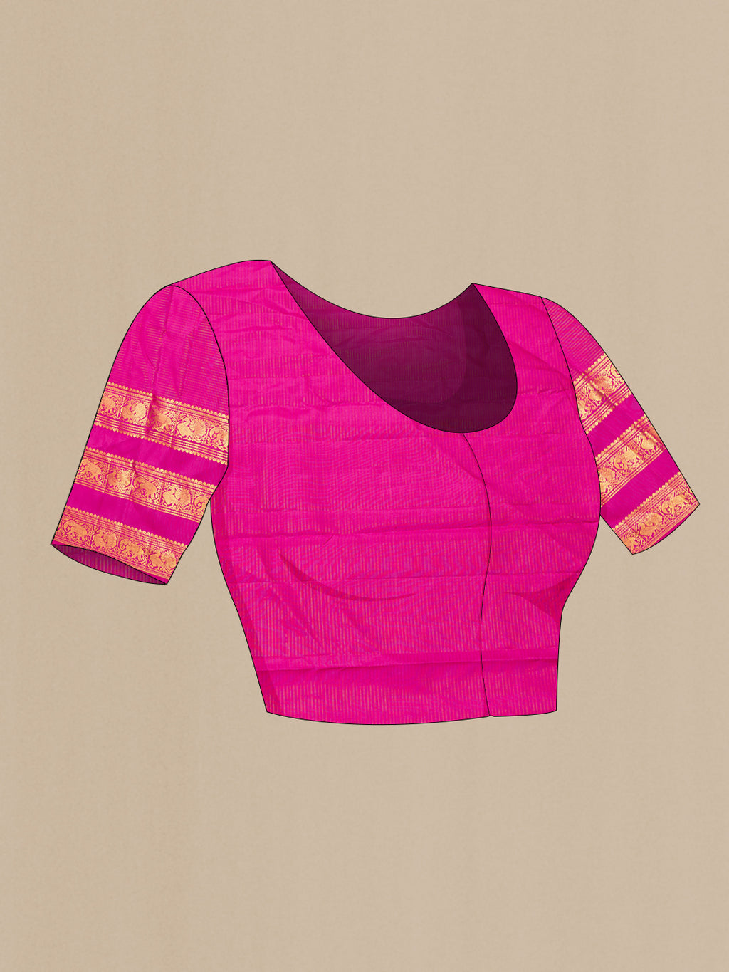 Close up image of the blouse of Pure Silk Mustard Dual Tone Kanjivaram Saree with Checked design on the body and Zari Border. 
