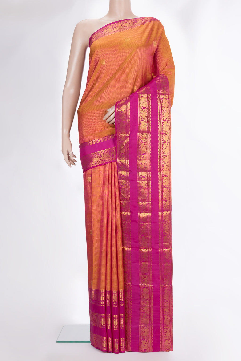 Pure Silk Mustard Dual Tone Kanjivaram Saree with Checked design on the body and Zari Border.  displayed on a mannequin