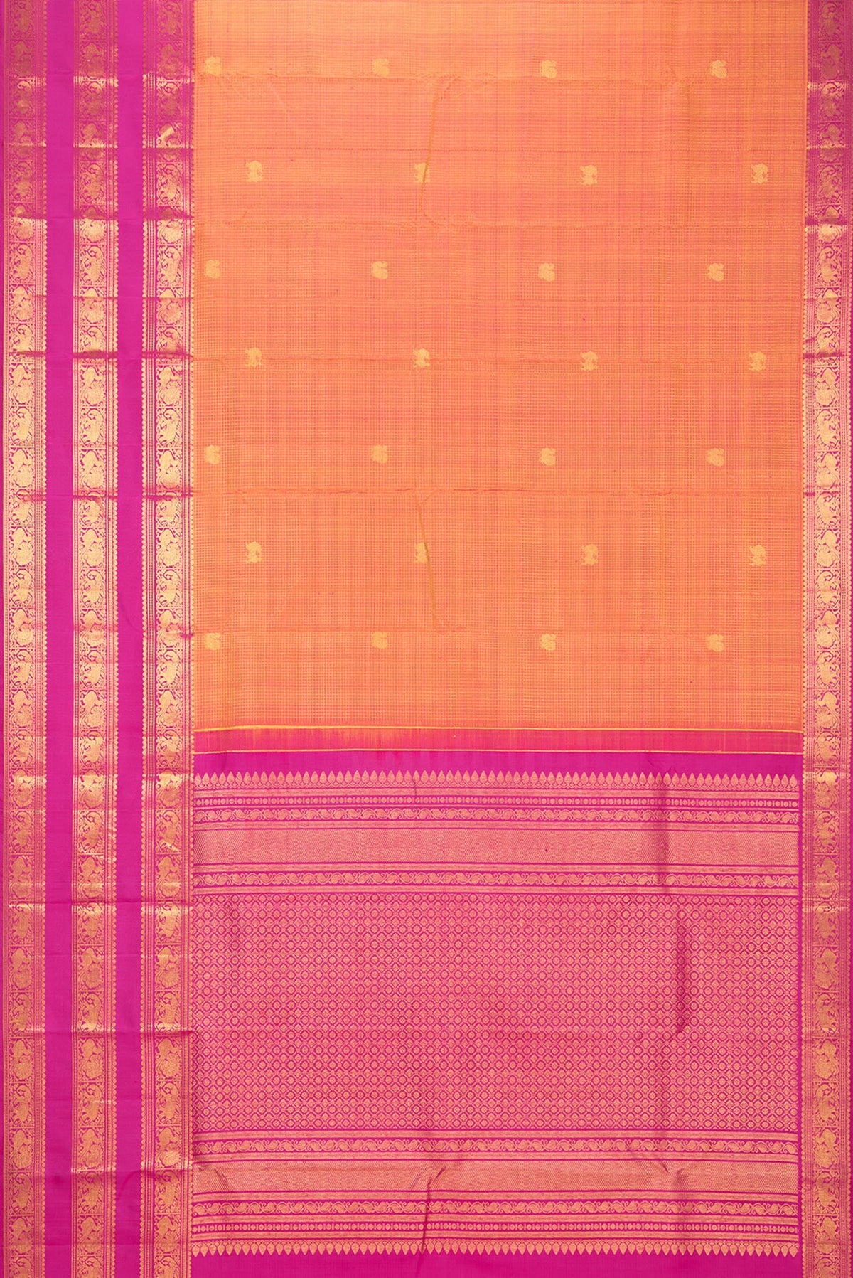 Flat view of Pure Silk Mustard Dual Tone Kanjivaram Saree with Checked design on the body and Zari Border. 