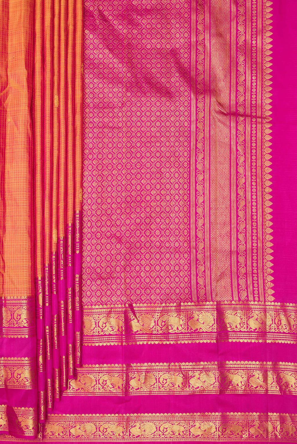 Pleats and pallu of Pure Silk Mustard Dual Tone Kanjivaram Saree with Checked design on the body and Zari Border. 
