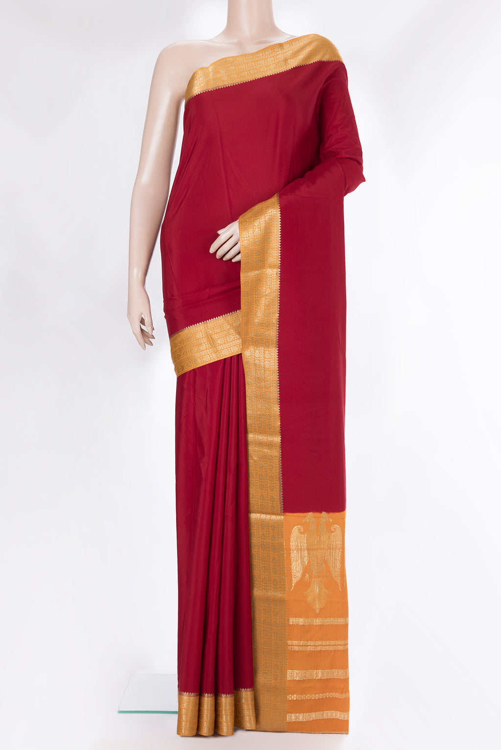 Pure Silk Maroon Dual Tone Mysore Silk Saree with Plain Body and Zari Border.  displayed on a mannequin
