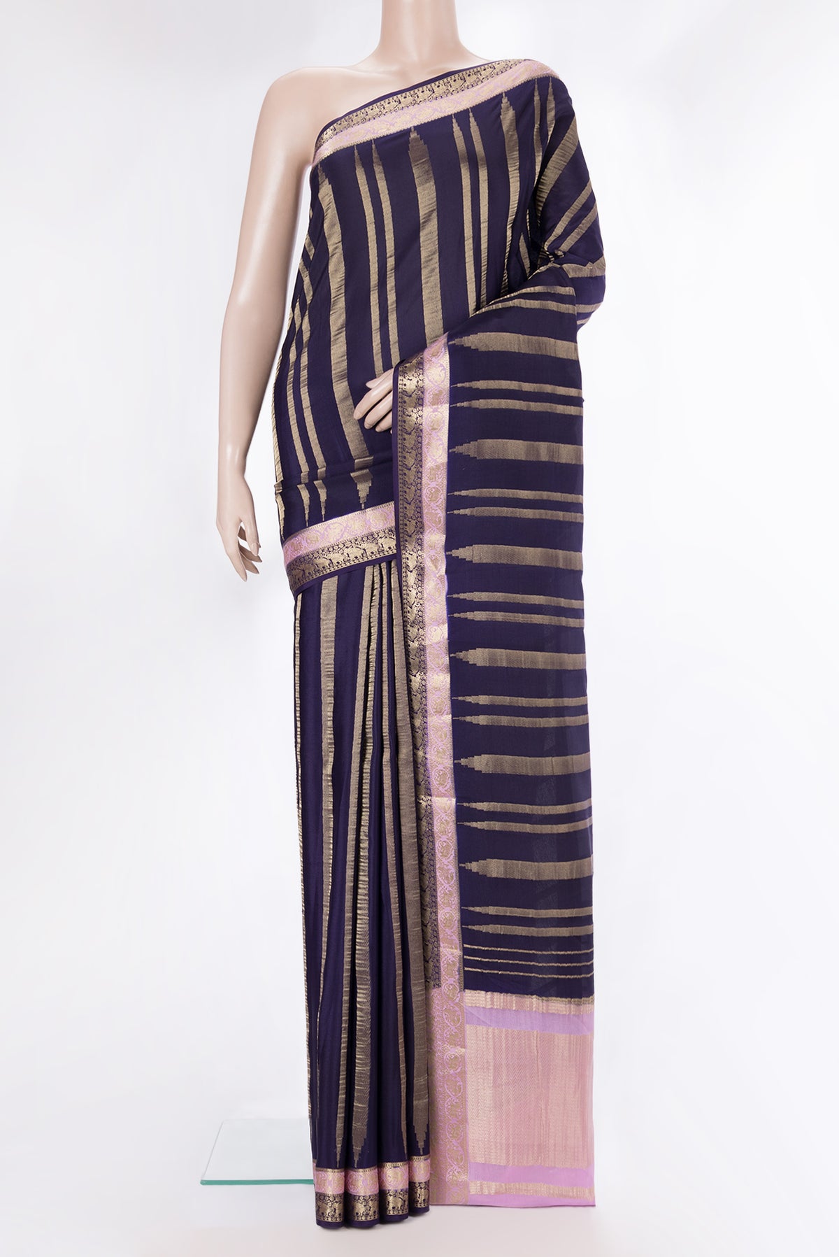 Navy Blue Mysore Crepe Saree with Stripes on the body and Fancy Border.  displayed on a mannequin